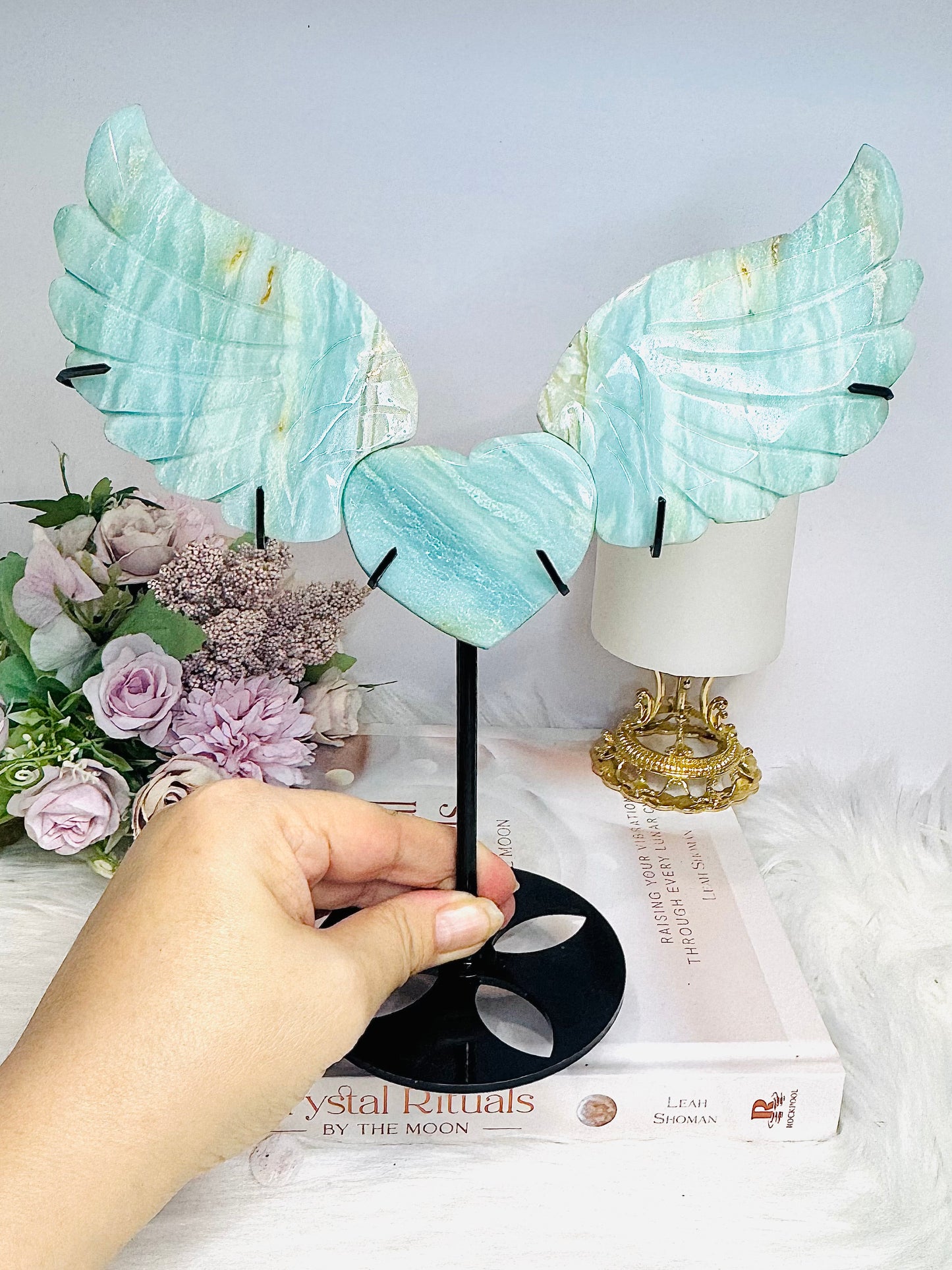 Caribbean Calcite Large Heart with Angel Wings On Stand