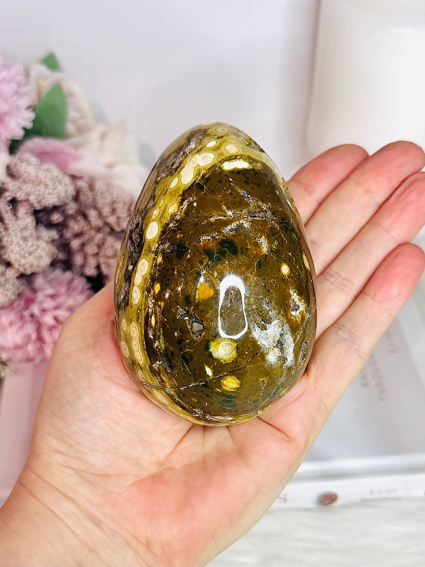Large Orbicular Ocean Jasper Druzy Egg On Stand 423g