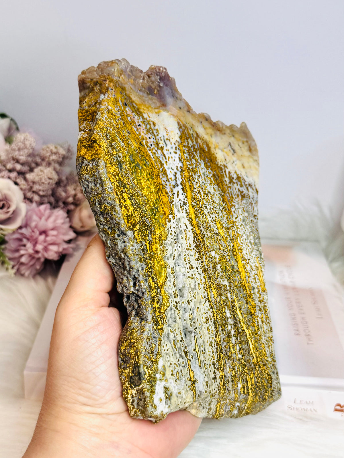Large High Grade Ocean Jasper Druzy Slab On Stand 18cm 826g