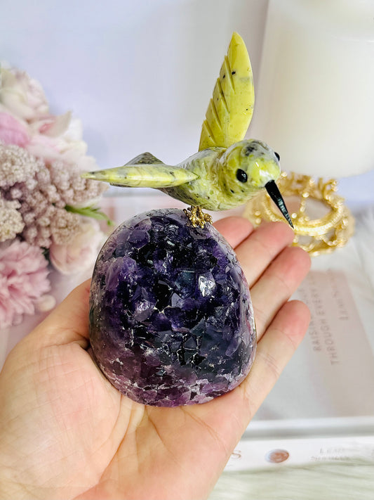 High Grade Deep Purple Amethyst Base Cut Cluster with Jade Carved Hummingbird 13cm