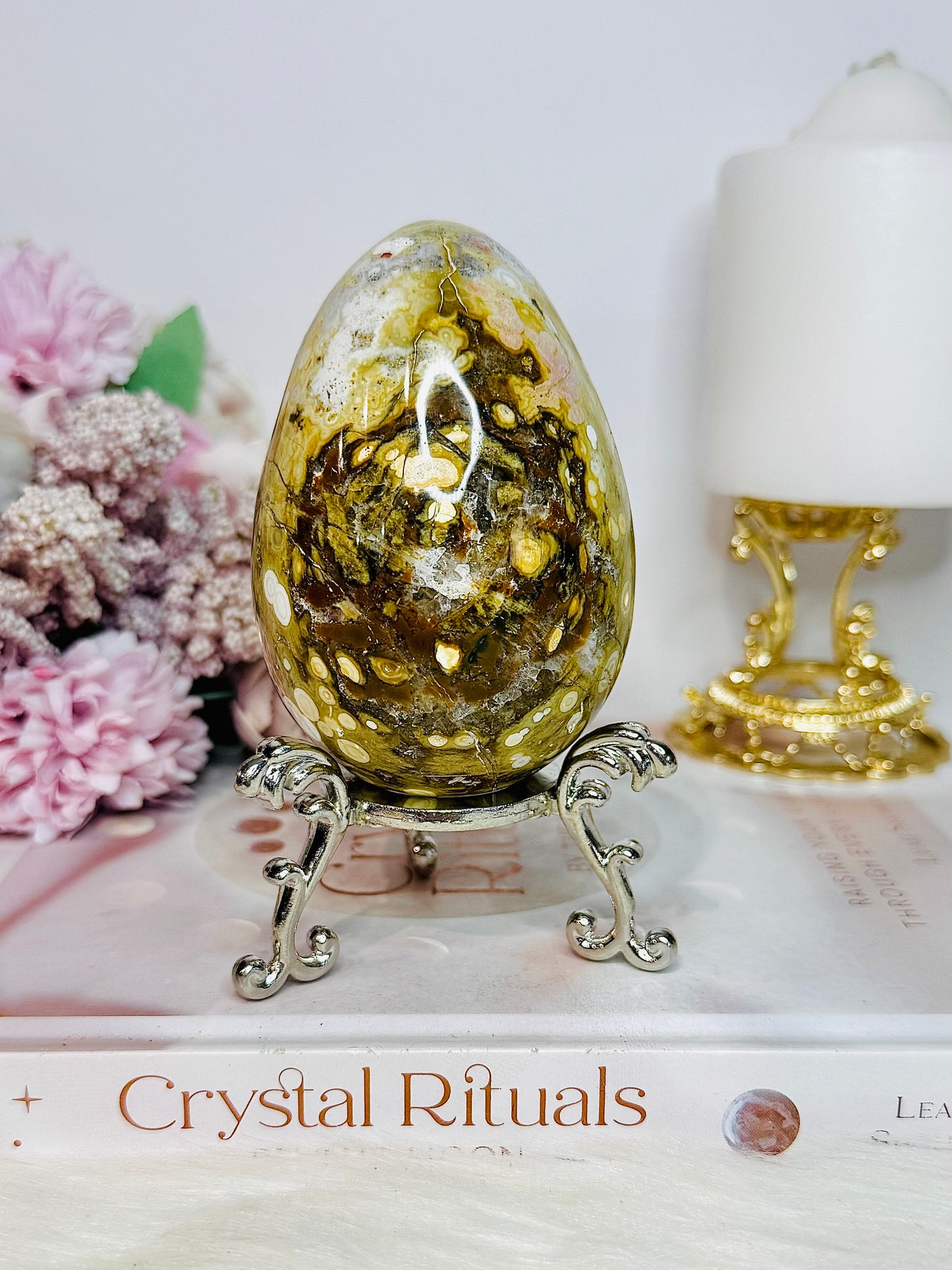 Large Orbicular Ocean Jasper Druzy Egg On Stand 423g