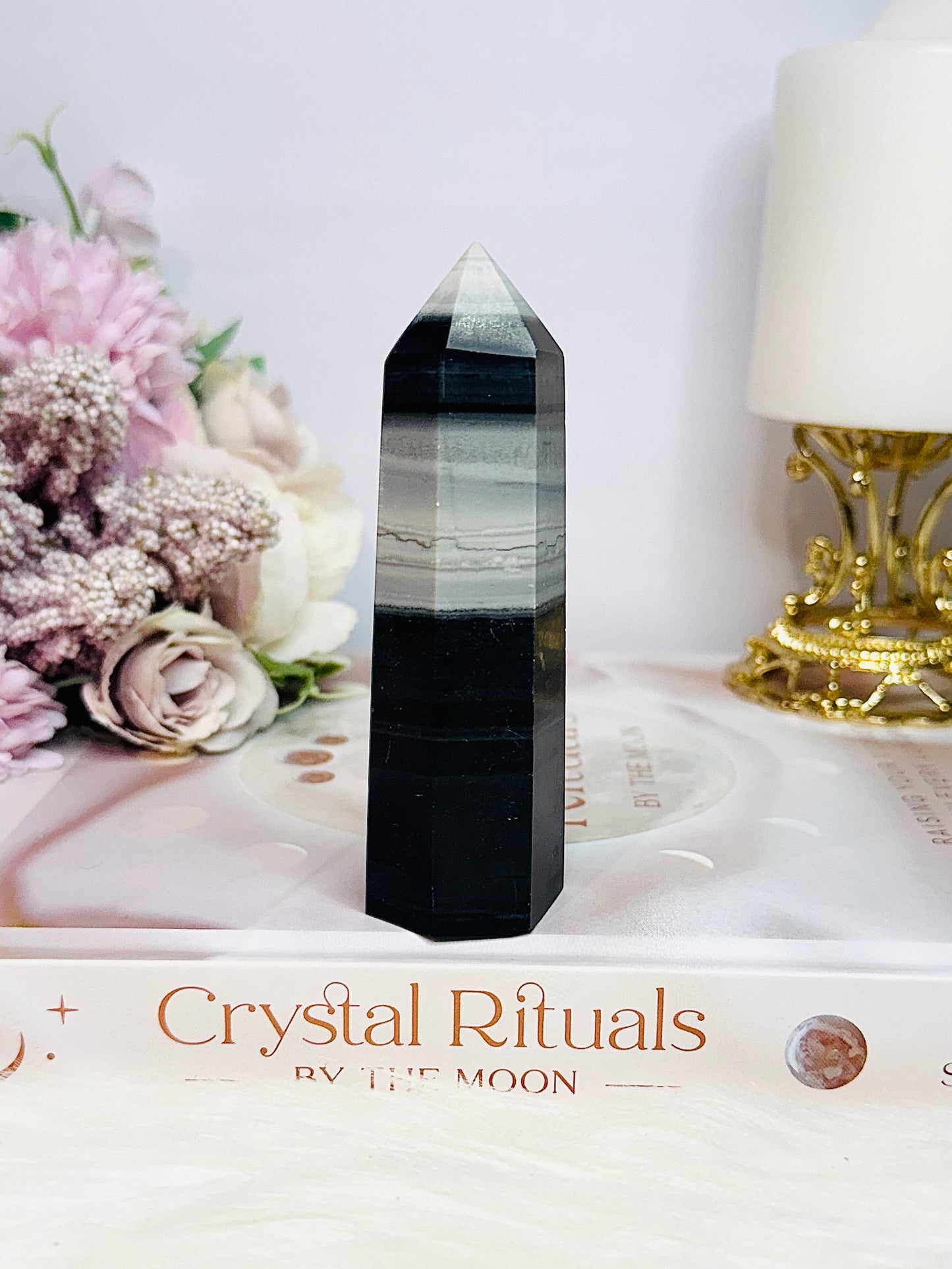 Beautiful Black Jasper & White Quartz Tower 10cm