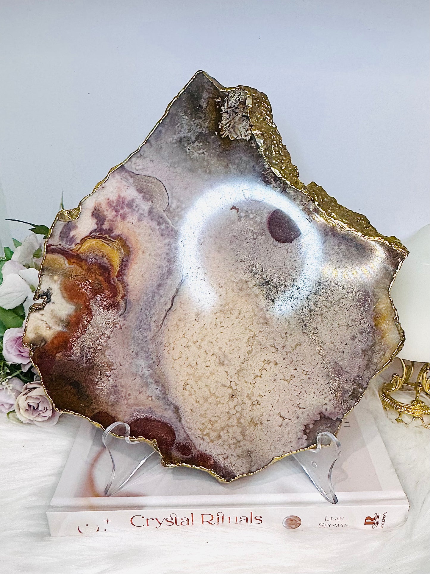 A Collectors Piece ~ High Grade Natural Pink Amethyst Druzy Slice | Slab with Gold Plating on Stand 24cm 689g