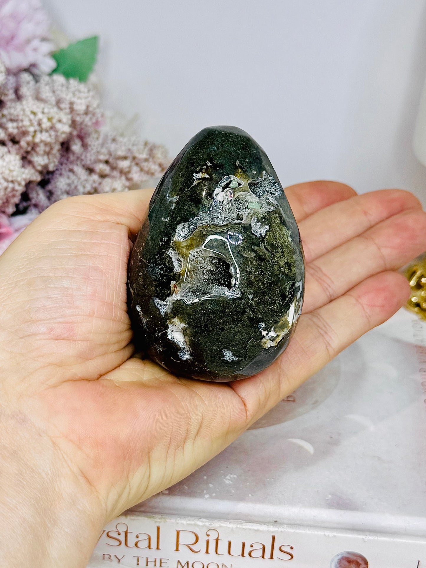 Moss Agate Druzy Egg On Stand 201g