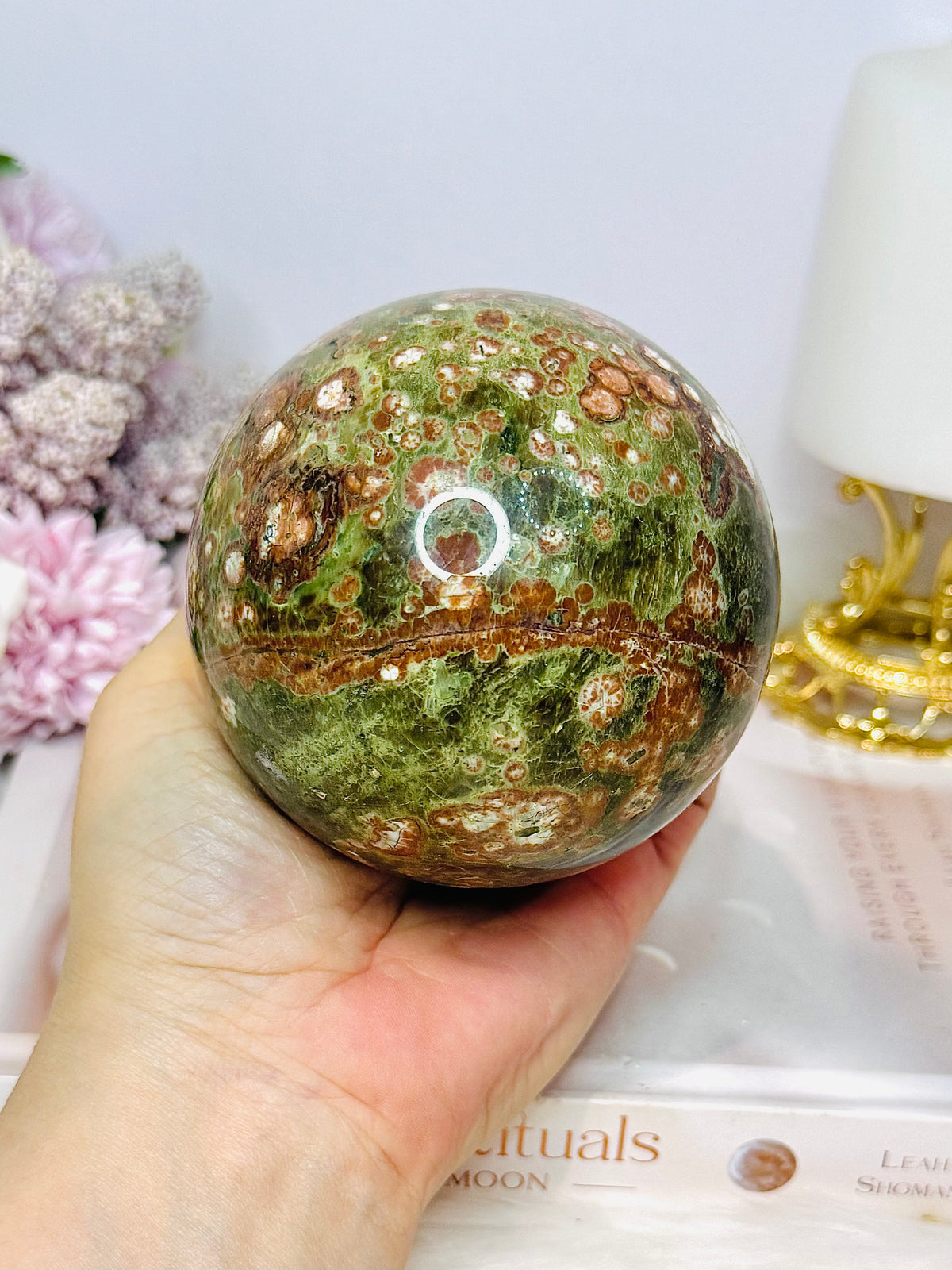 Large Green Cherry Jasper Sphere on Stand 825g