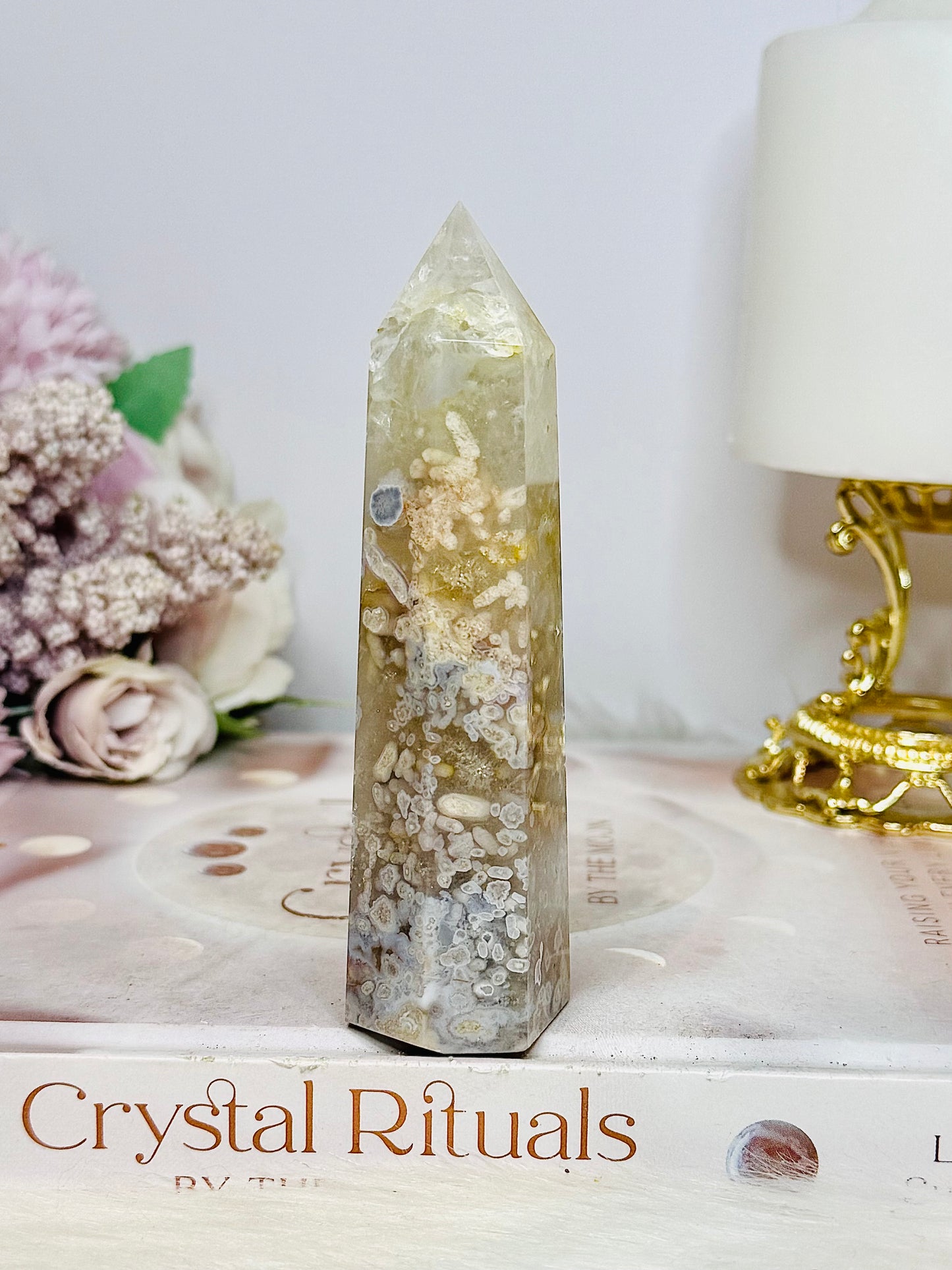 Green Flower Agate Tower 11cm