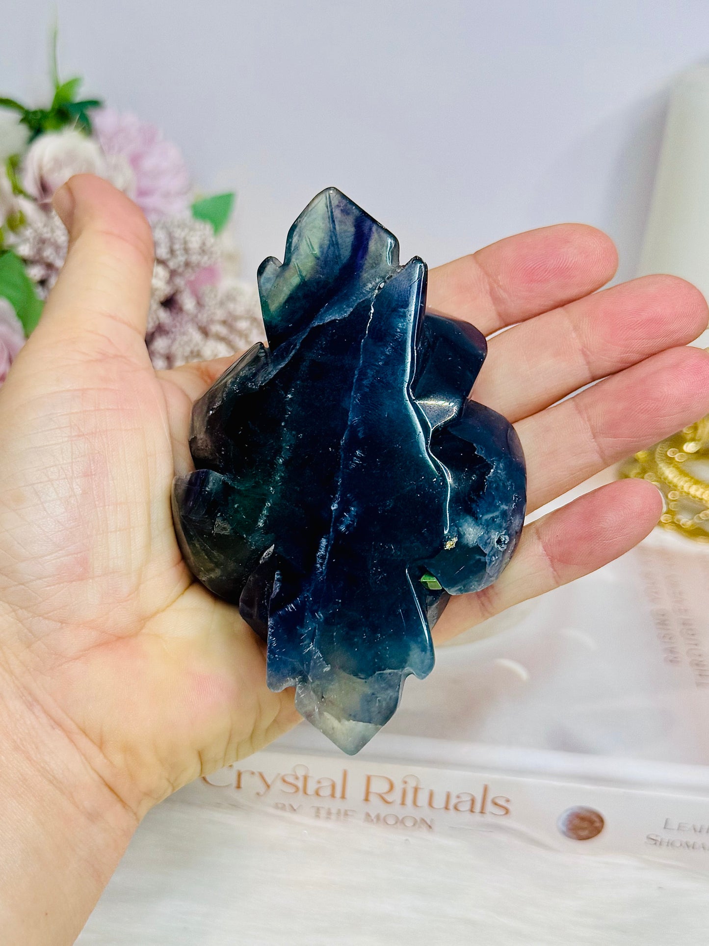 Fluorite Carved Flower On Stand 10cm 315g