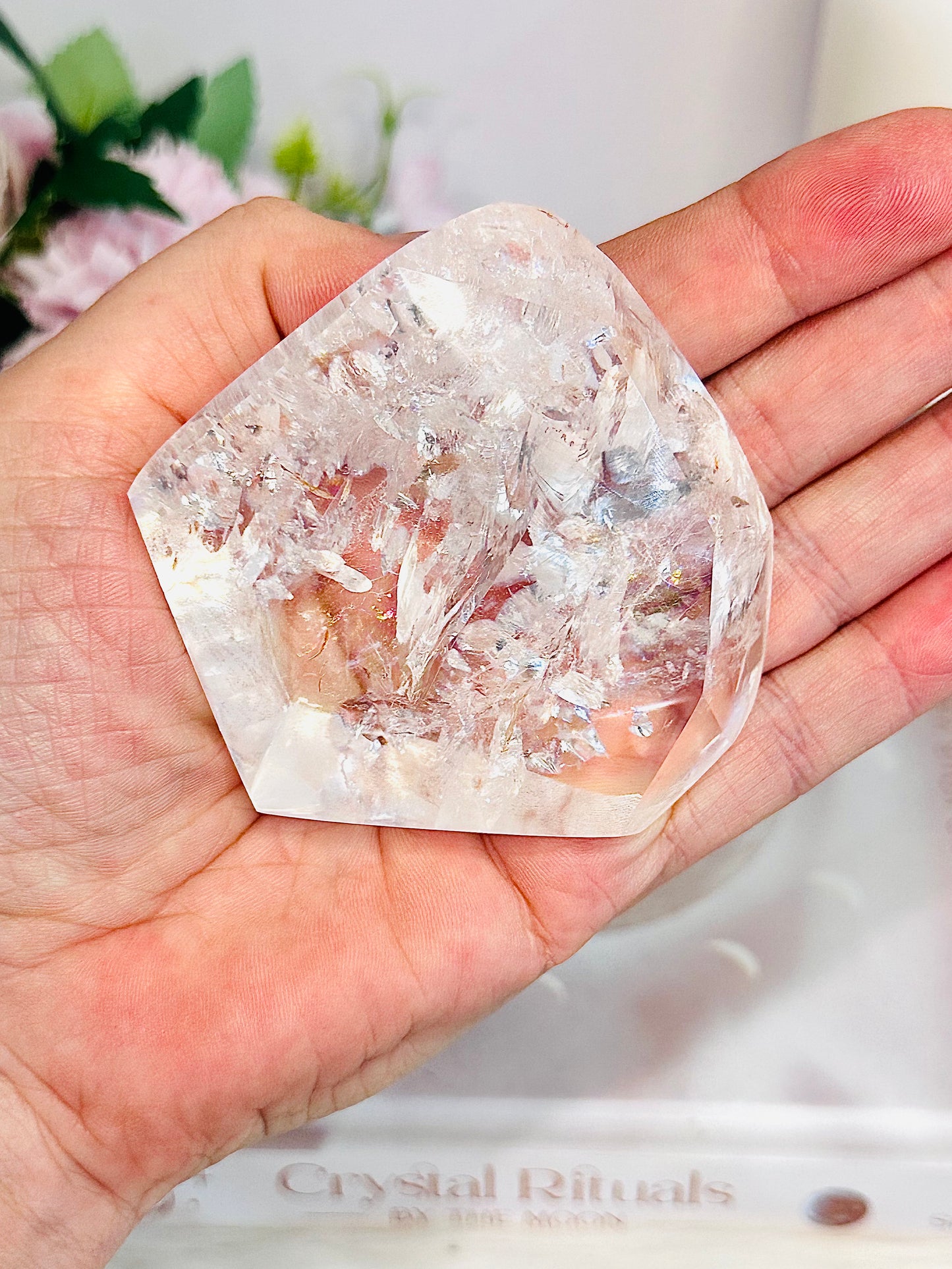 Truly Spectacular High Grade Clear Quartz Freeform Full of Stunning Rainbows on Silver Stand from Brazil 10cm 254grams
