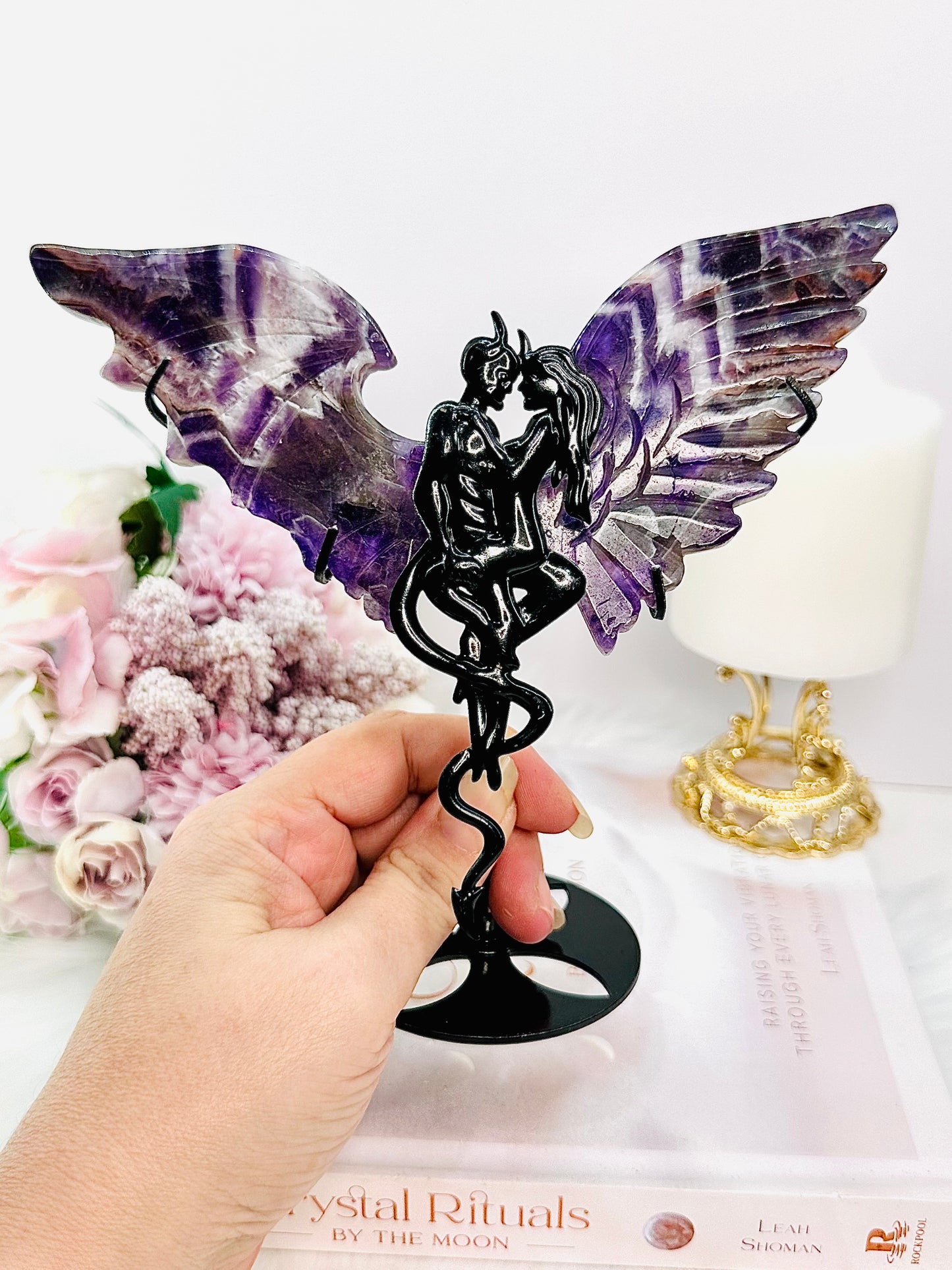 Absolutely Stunning Dream | Chevron Amethyst Carved Wings on Black Devil Stand 19cm Tall