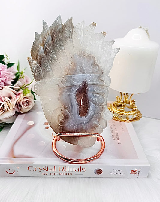 Wow!!! Spectacular Piece! Absolutely Amazing Large 18cm (On Silver Stand) Chunky Druzy Agate Indian Head On Stand ~ Carved To Perfection