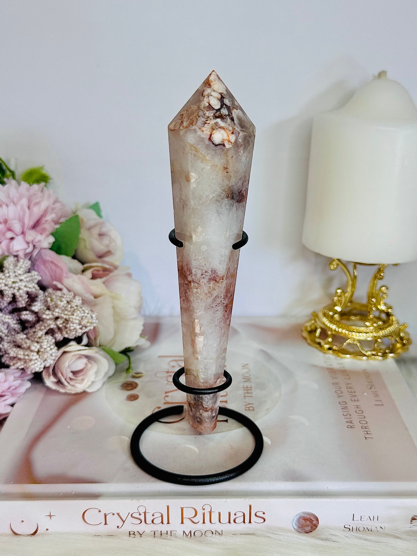 Stunning Cherry Blossom Agate Carves Wand | Tower On Stand 17cm (Inc Stand )