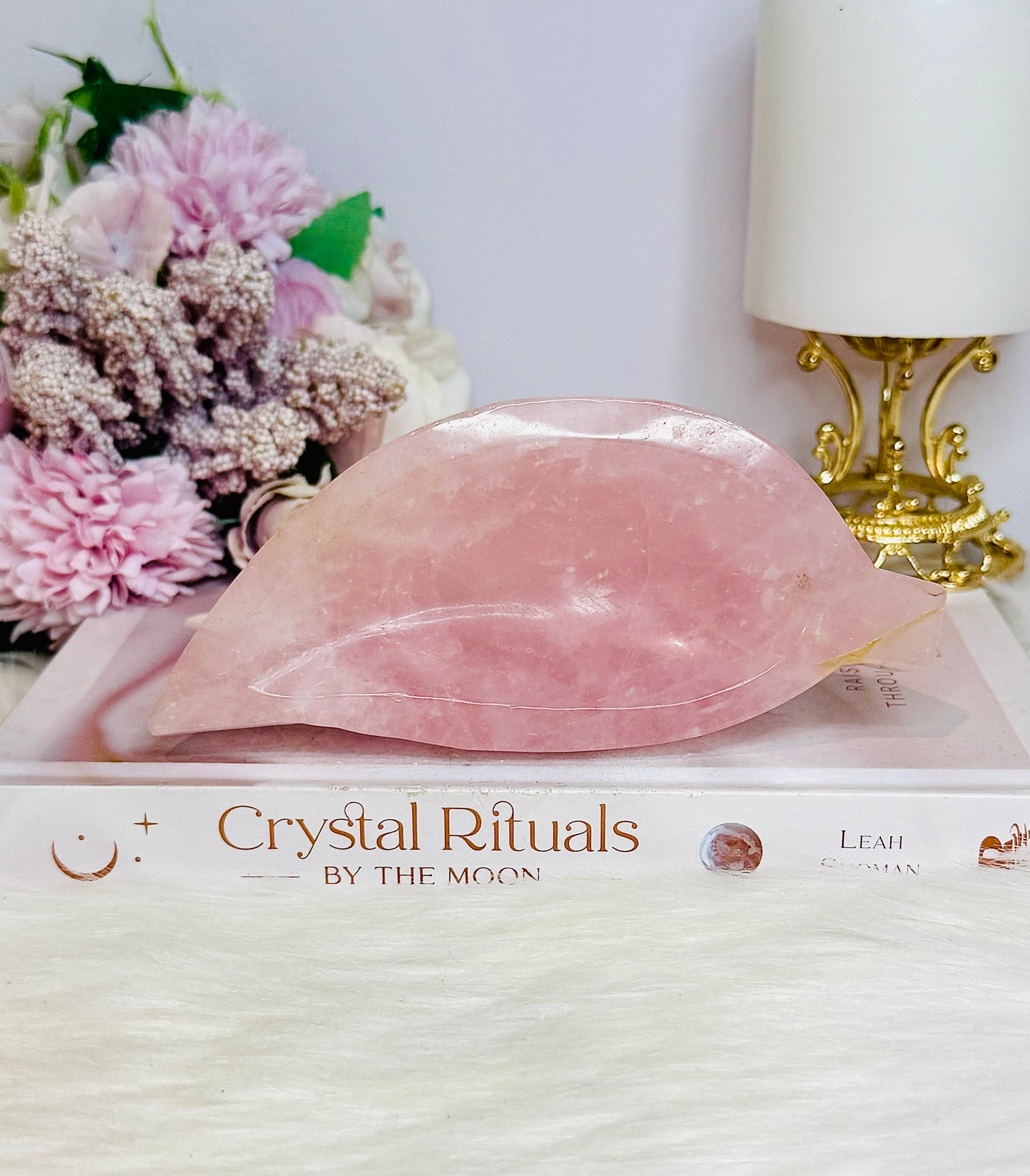 Large Chunky Rose Quartz Carved Leaf Bowl 15cm 410g
