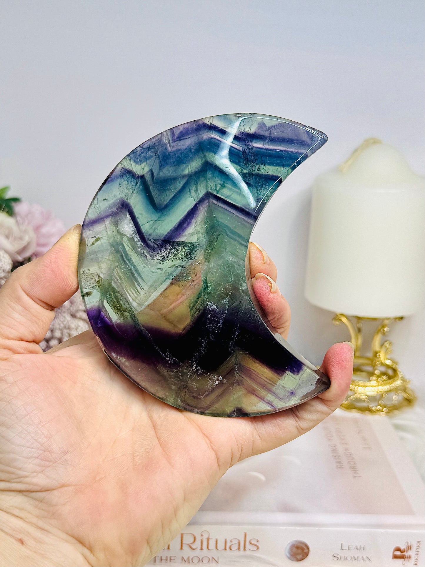 Fluorite Moon with Rainbows On Stand 11cm