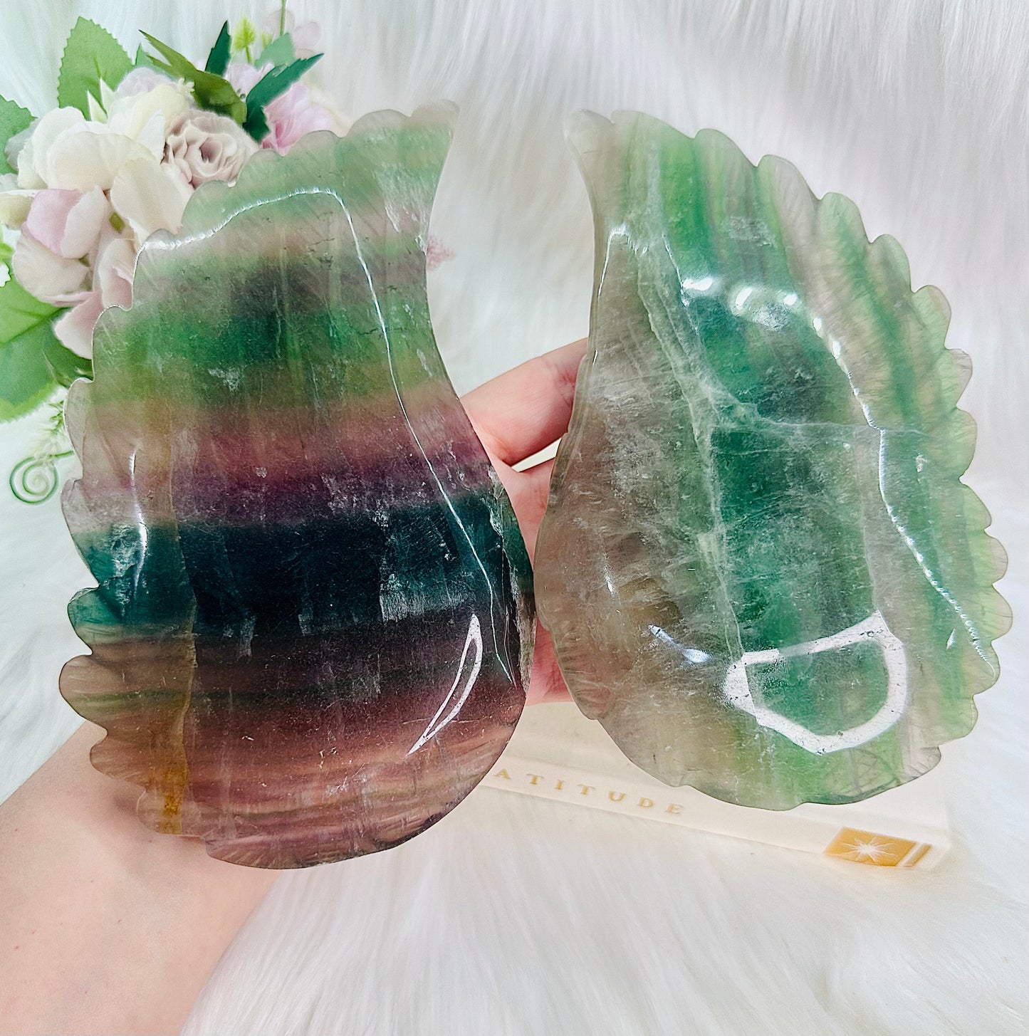⚜️ SALE ⚜️The Biggest Most Stunning Set of Rainbow Fluorite Angel Wings on Gold Stand From Brazil - The Wings Alone Weigh 1.49KG, The Set is 30cm High (inc stand) Absolute Statement Piece