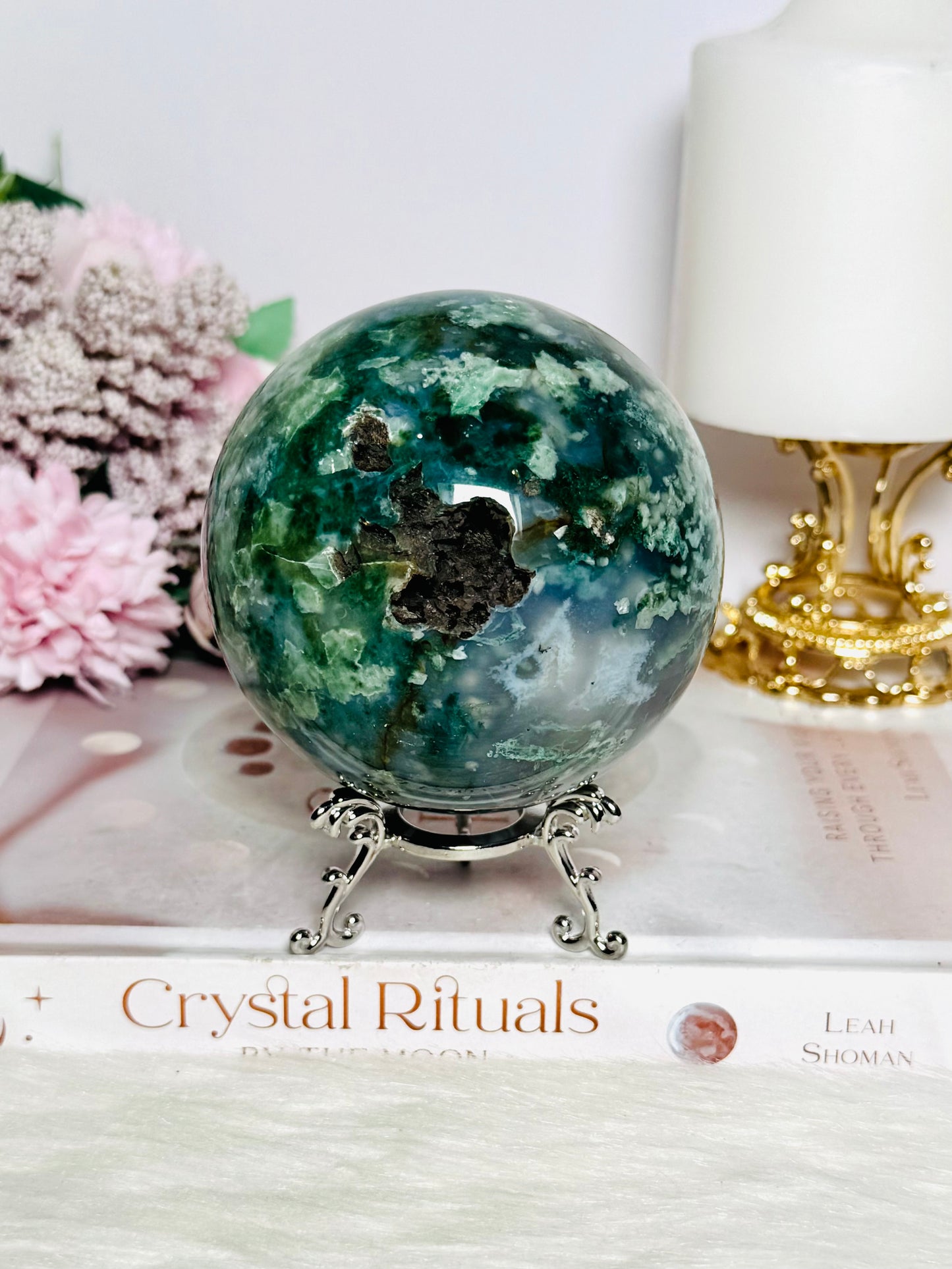 Large Moss Agate Druzy Sphere on Stand 756g