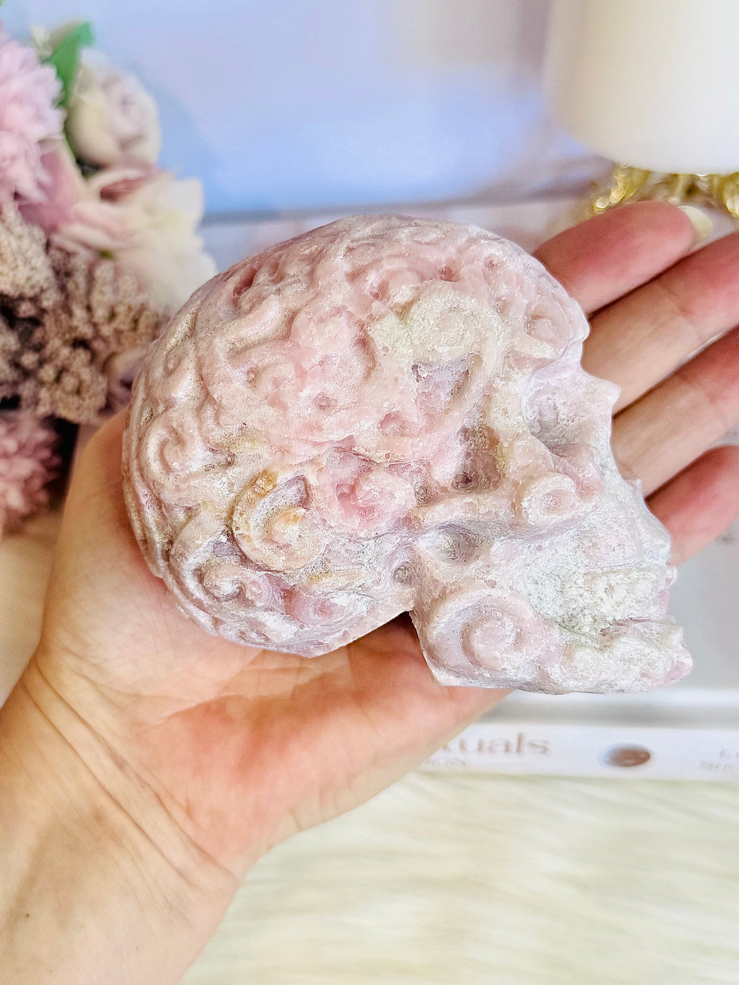 Incredible Large Perfectly Carved Pink Opal Patterned Skull 10cm 772grams