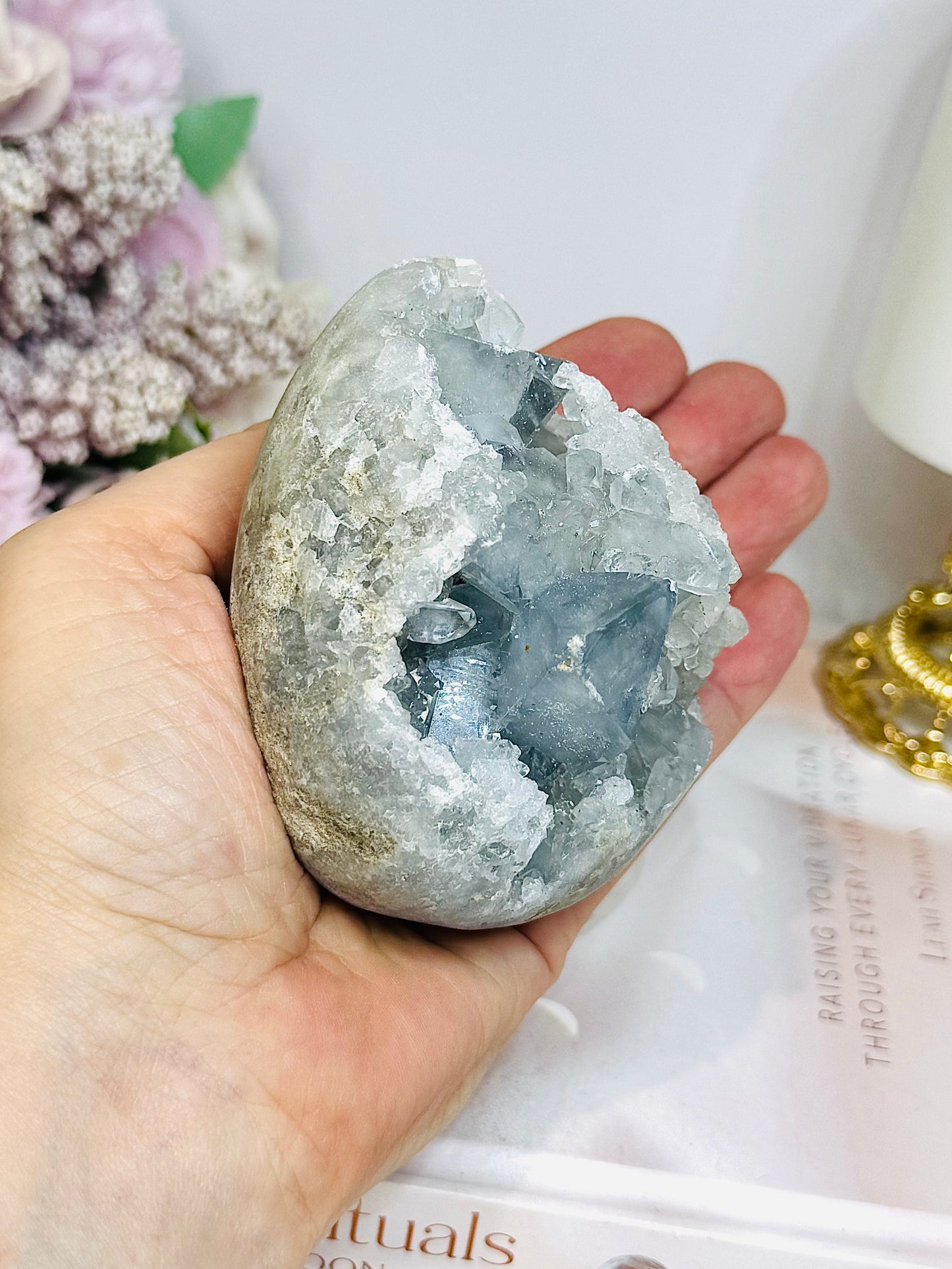 Large Blue Celestite Egg On Stand 521g