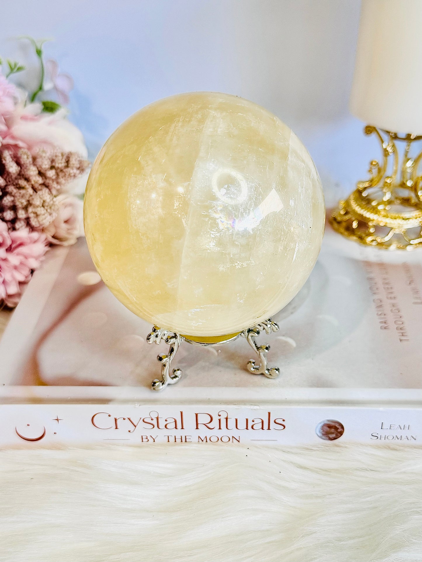 Gorgeous Large 961gram Natural Honey Calcite Sphere with Rainbows On Stand