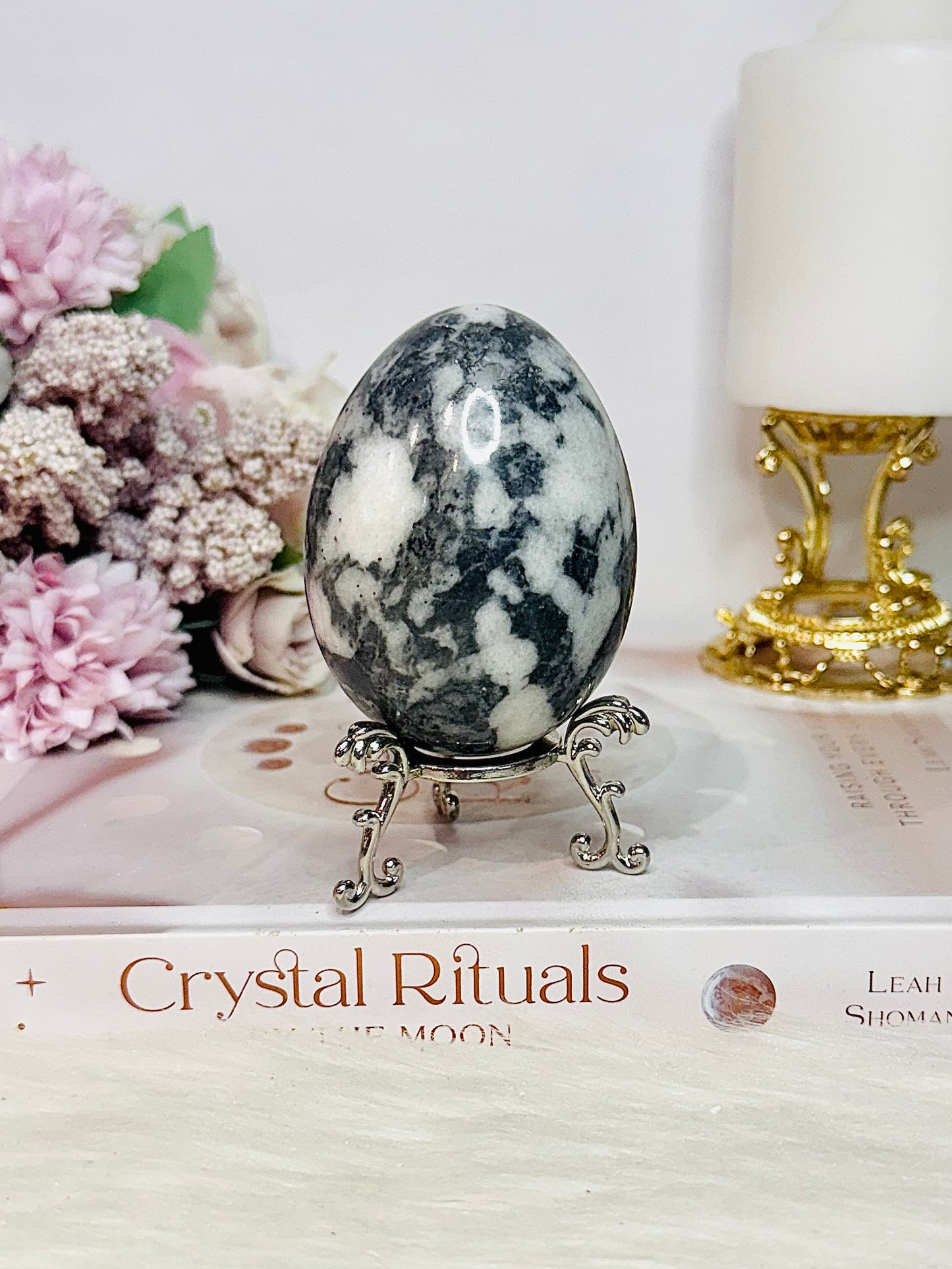 Grey Jasper Carved Egg On Stand 287gram