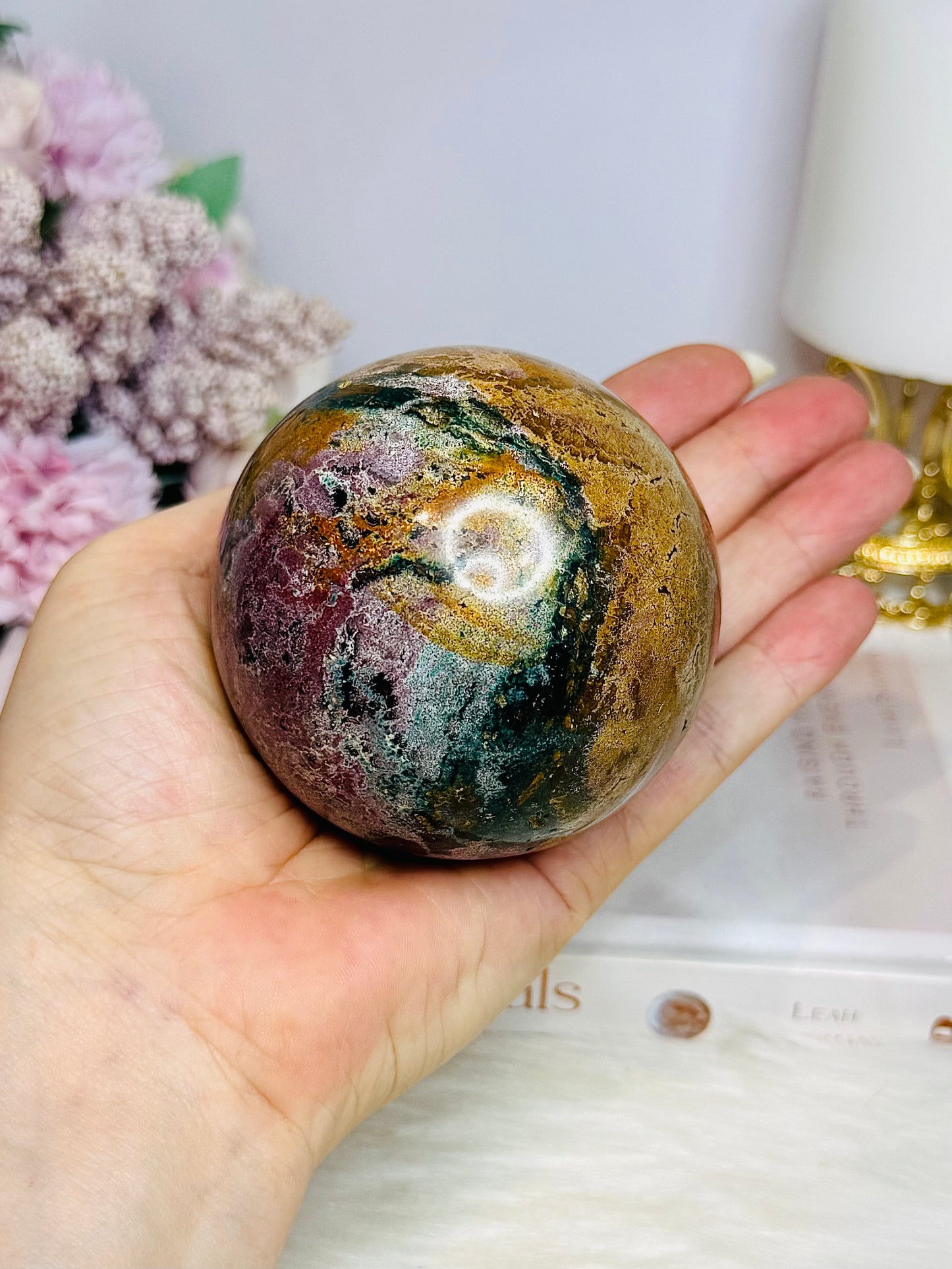 Large Ocean Jasper Sphere On Stand 516g