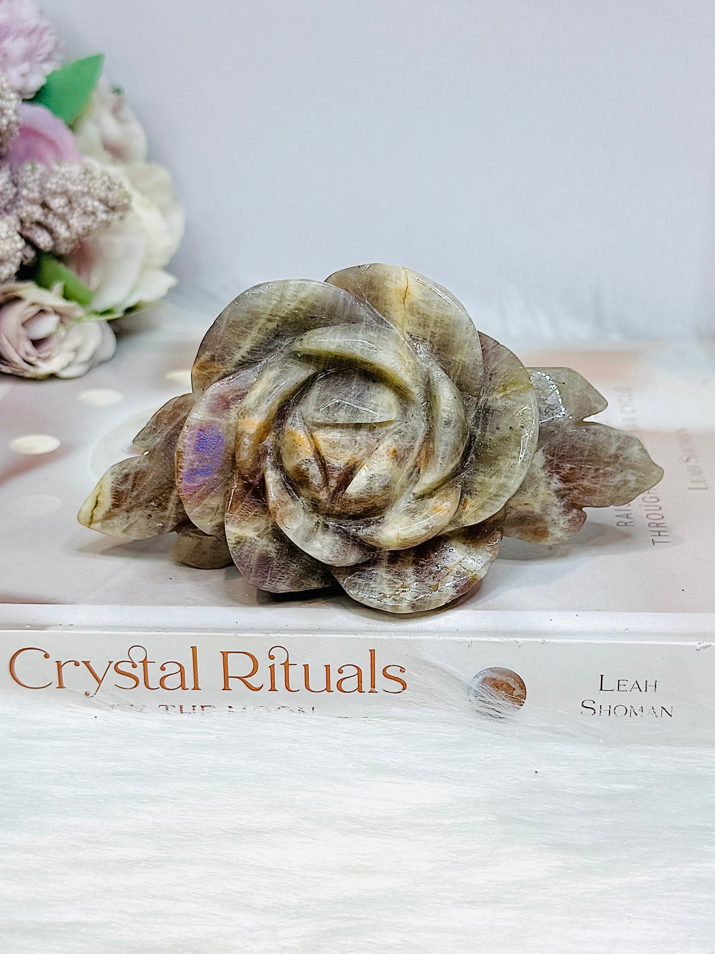 Large High Grade Moonstone Rose With Flash on Gold Stand 18cm