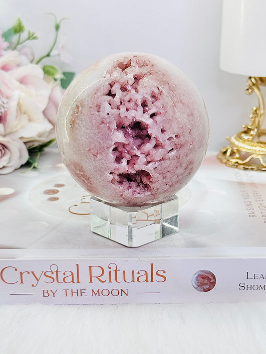Classy & Fabulous Large 515gram Druzy Pink Amethyst Sphere on Stand