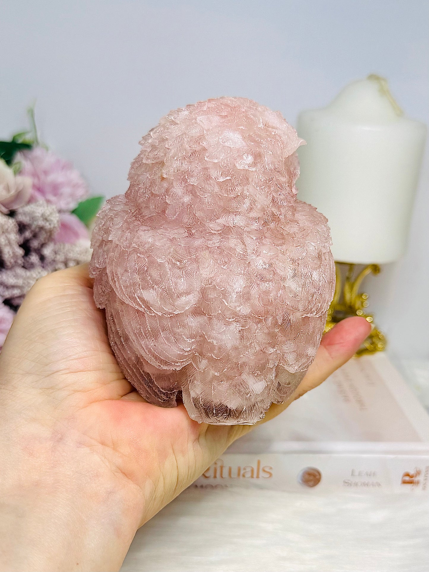 Large Rose Quartz Filled Resin Owl 10cm 639g