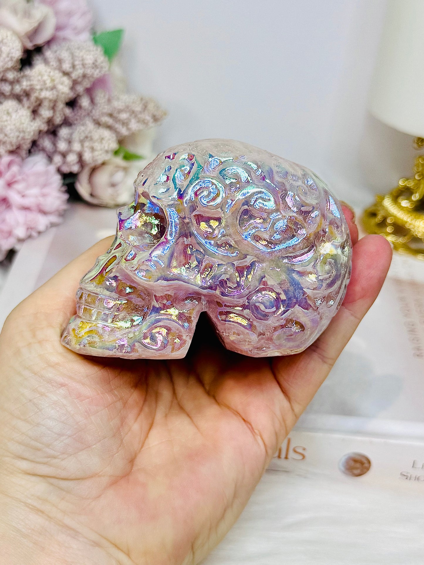 Angel Aura Rose Quartz Filigree Skull 8.5cm 349g