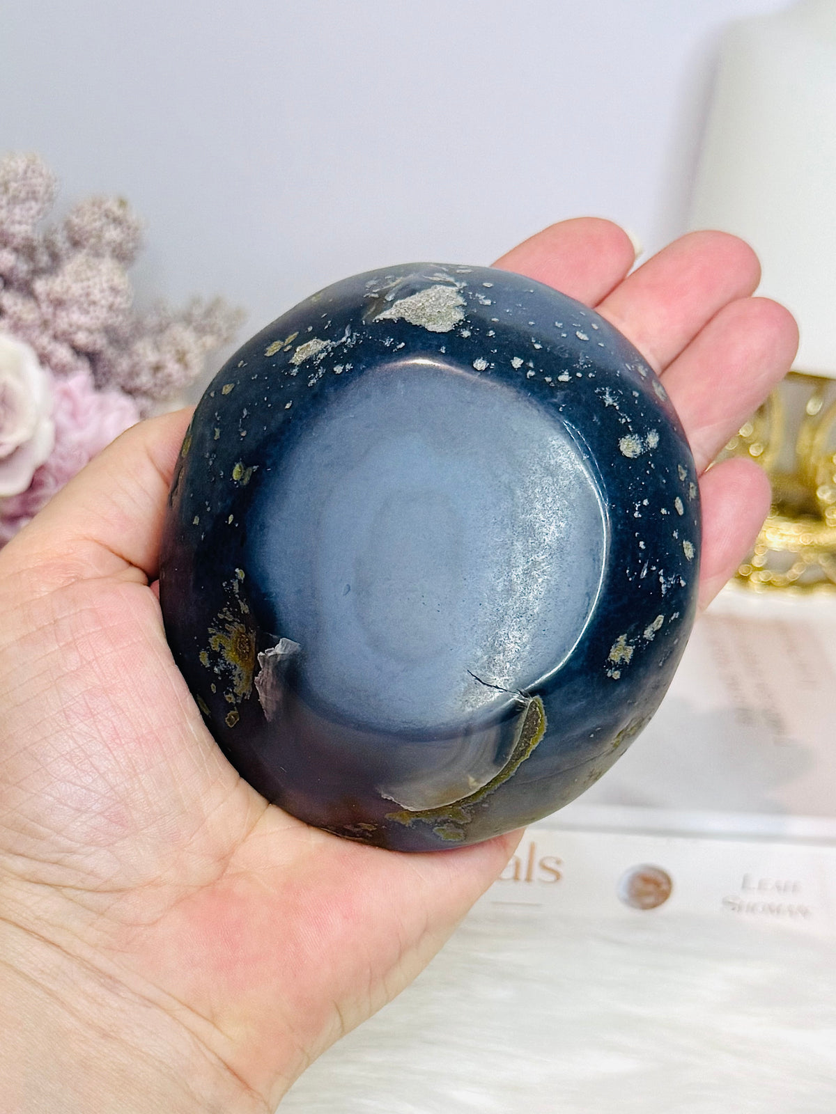 Agate Carved Bowl with Blue Calcite Chips 338g