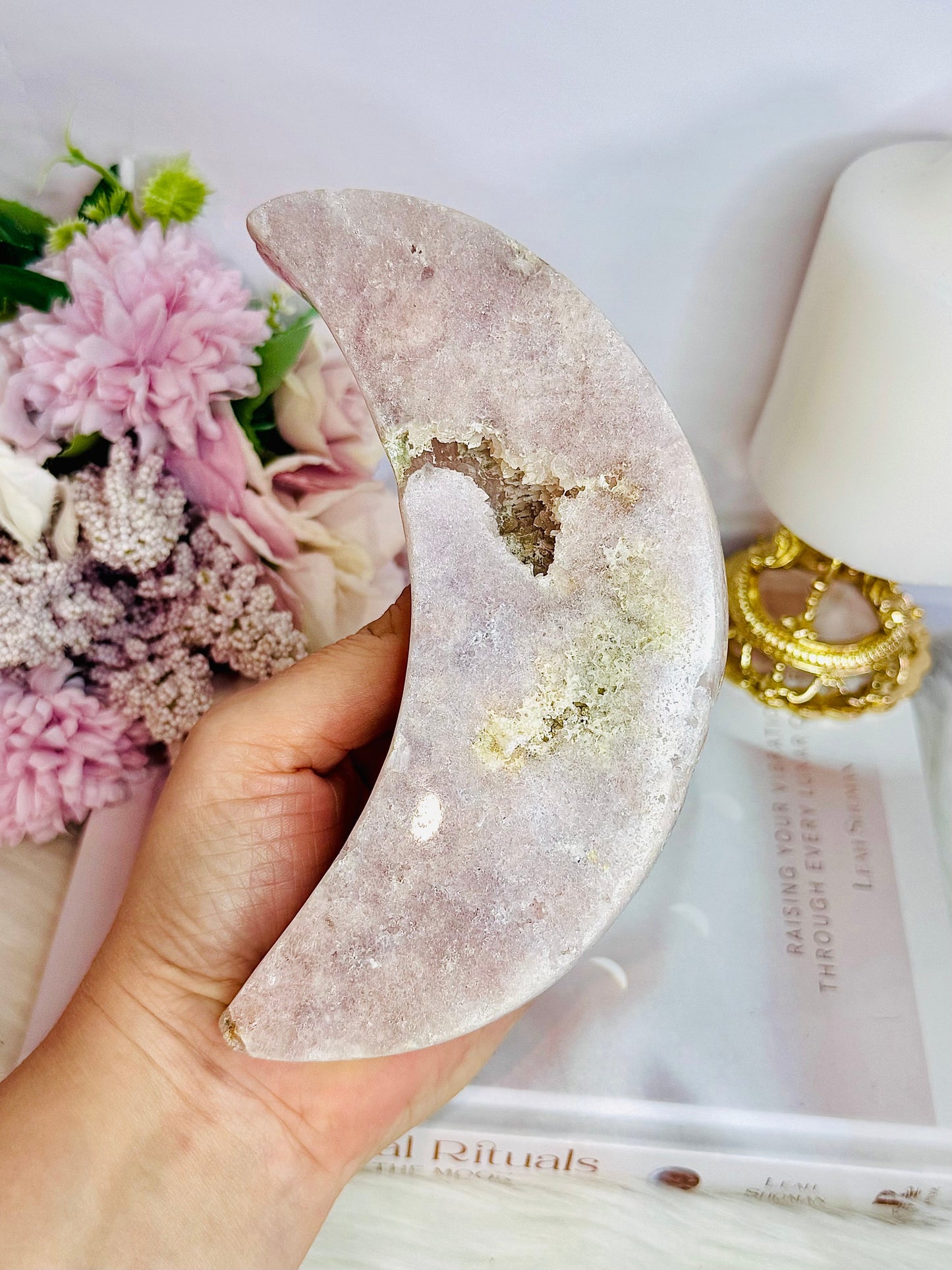Large Chunky 15cm Druzy Pink Amethyst Carved Moon From Brazil