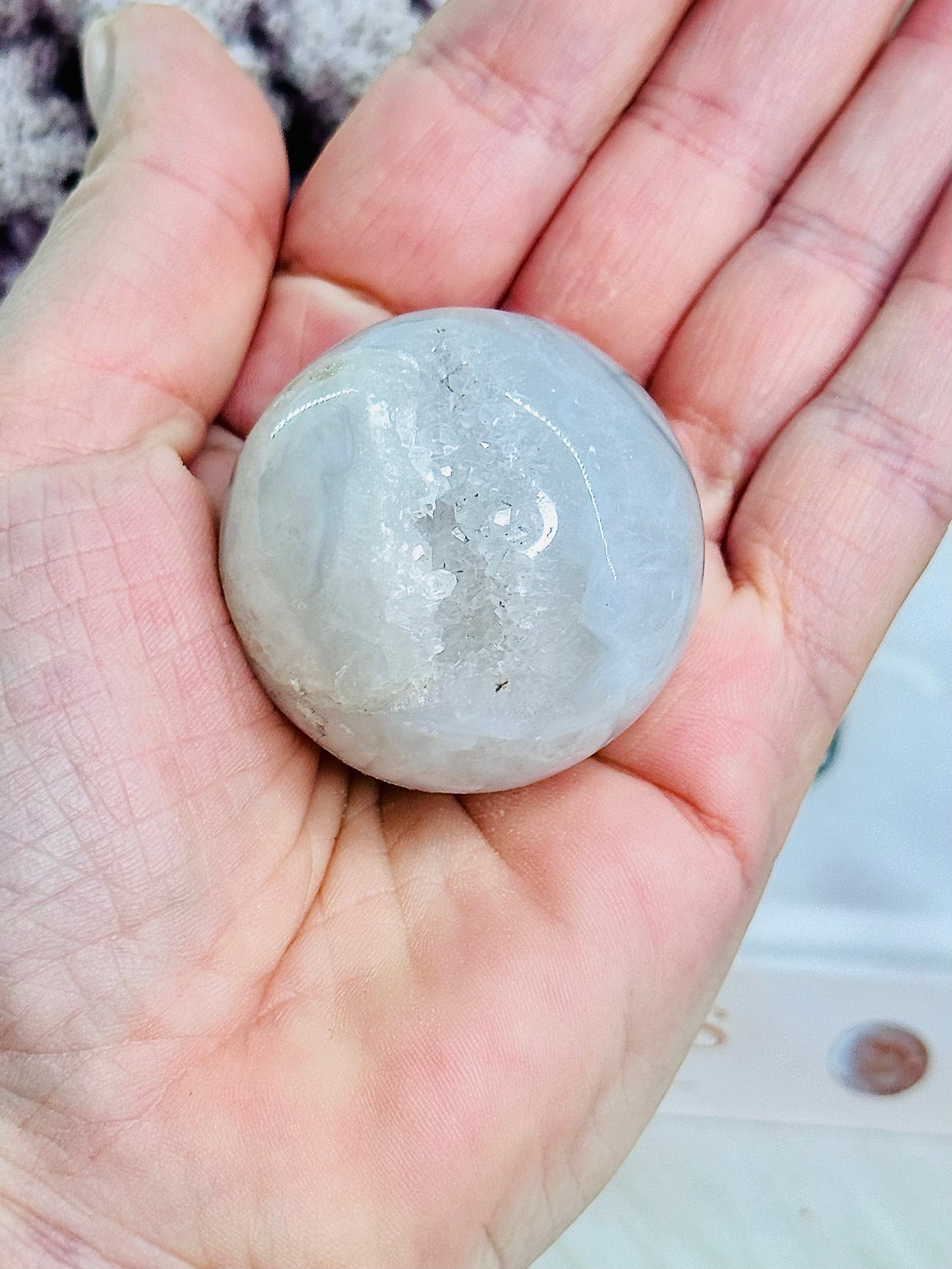 Gorgeous Small White Druzy Agate Sphere on Stand