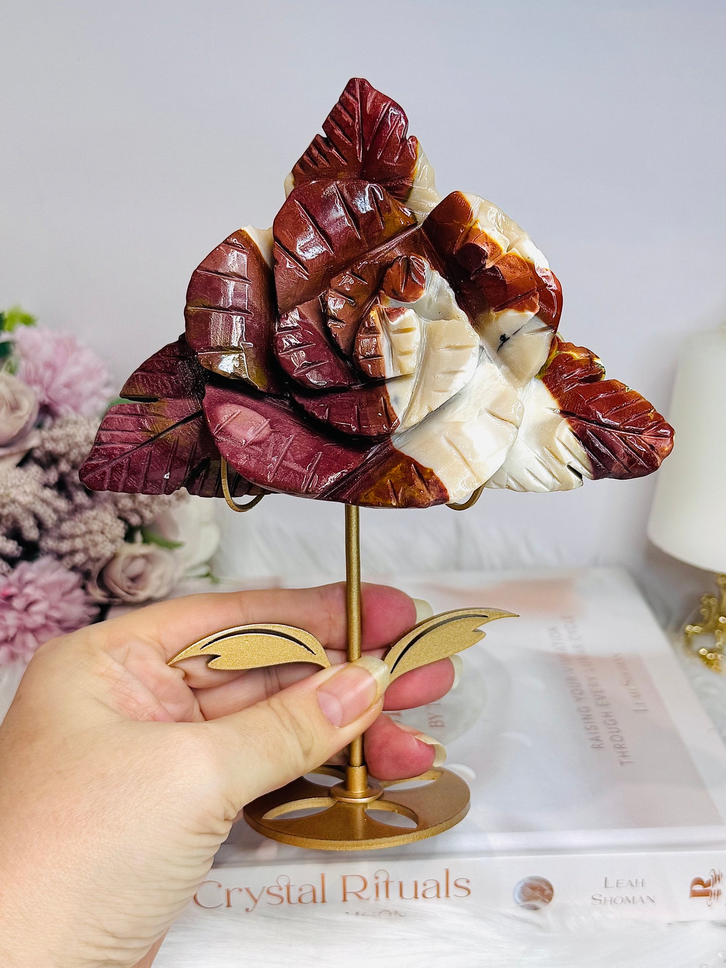 Large Mookaite Jasper Carved Flower on Stand 18cm 428g