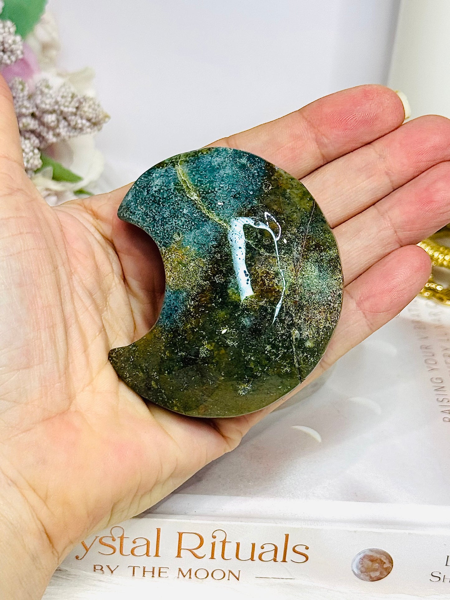 Chunky Moss Agate Carved Moon On Stand 7cm