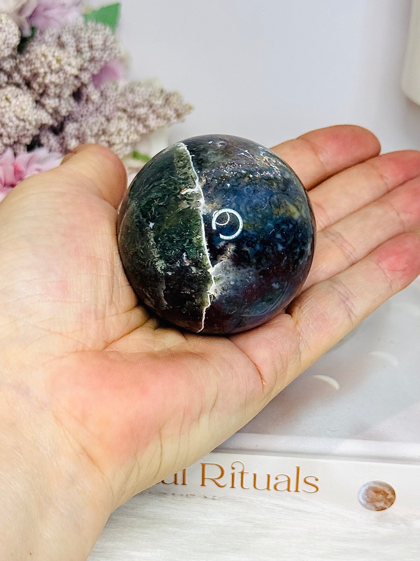 Blue & Green Moss Agate Sphere on Stand 207g