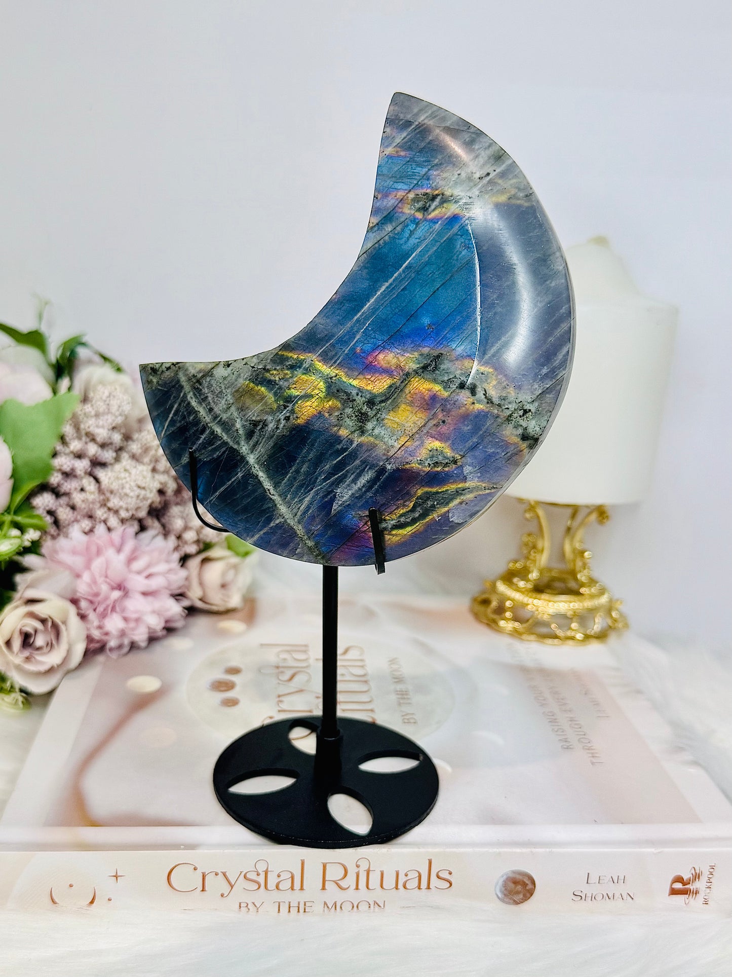 High Grade Large Labradorite Carved Moon Full of Flash 19.5cm