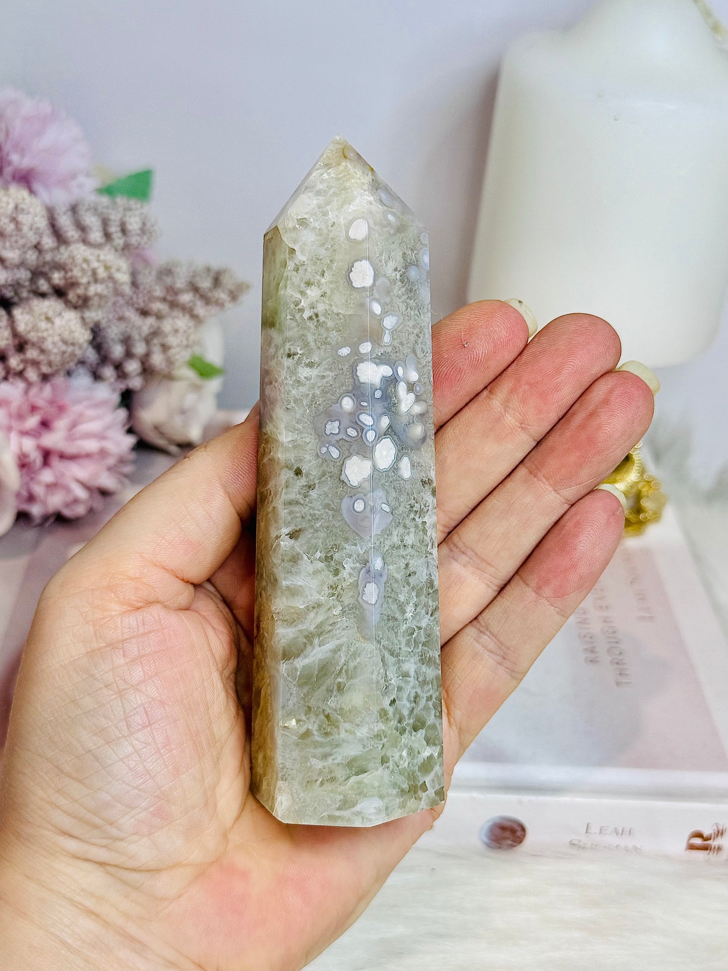 High Grade Large Green Flower Agate Tower 12.5cm
