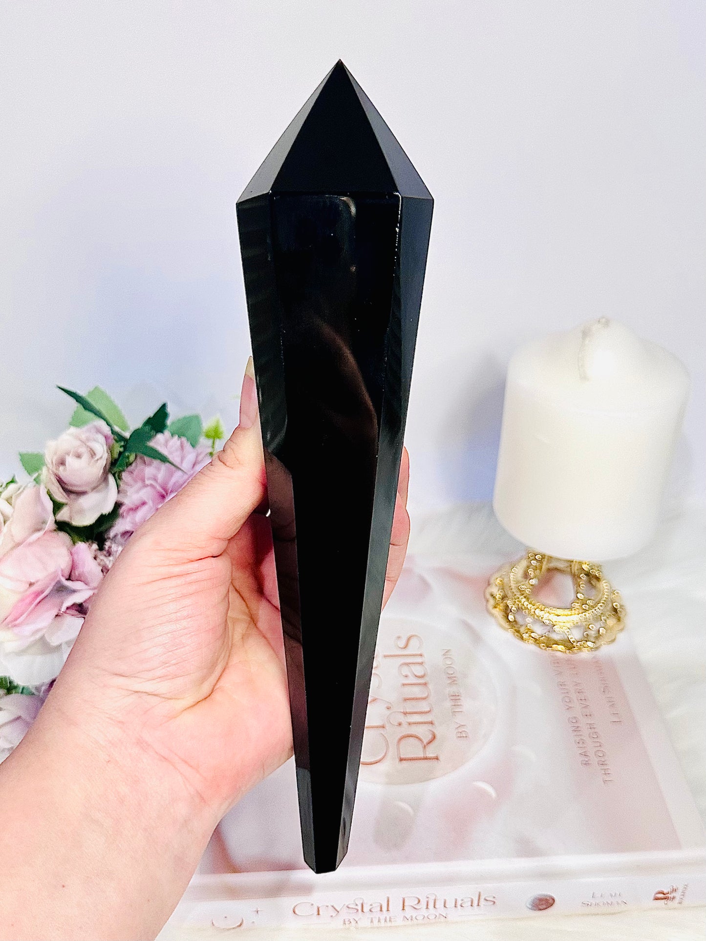 Powerful Protective Stone ~ Stunning Large 23cm Black Obsidian Obelisk | Tower | Wand on Silver Stand