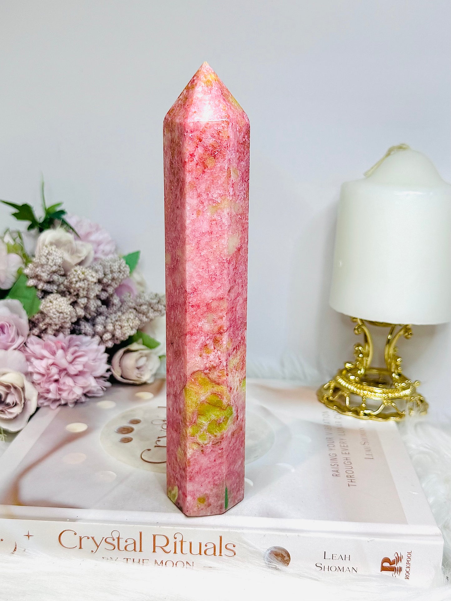 Rare Large Thulite Tower with Epidote Inclusions 19cm