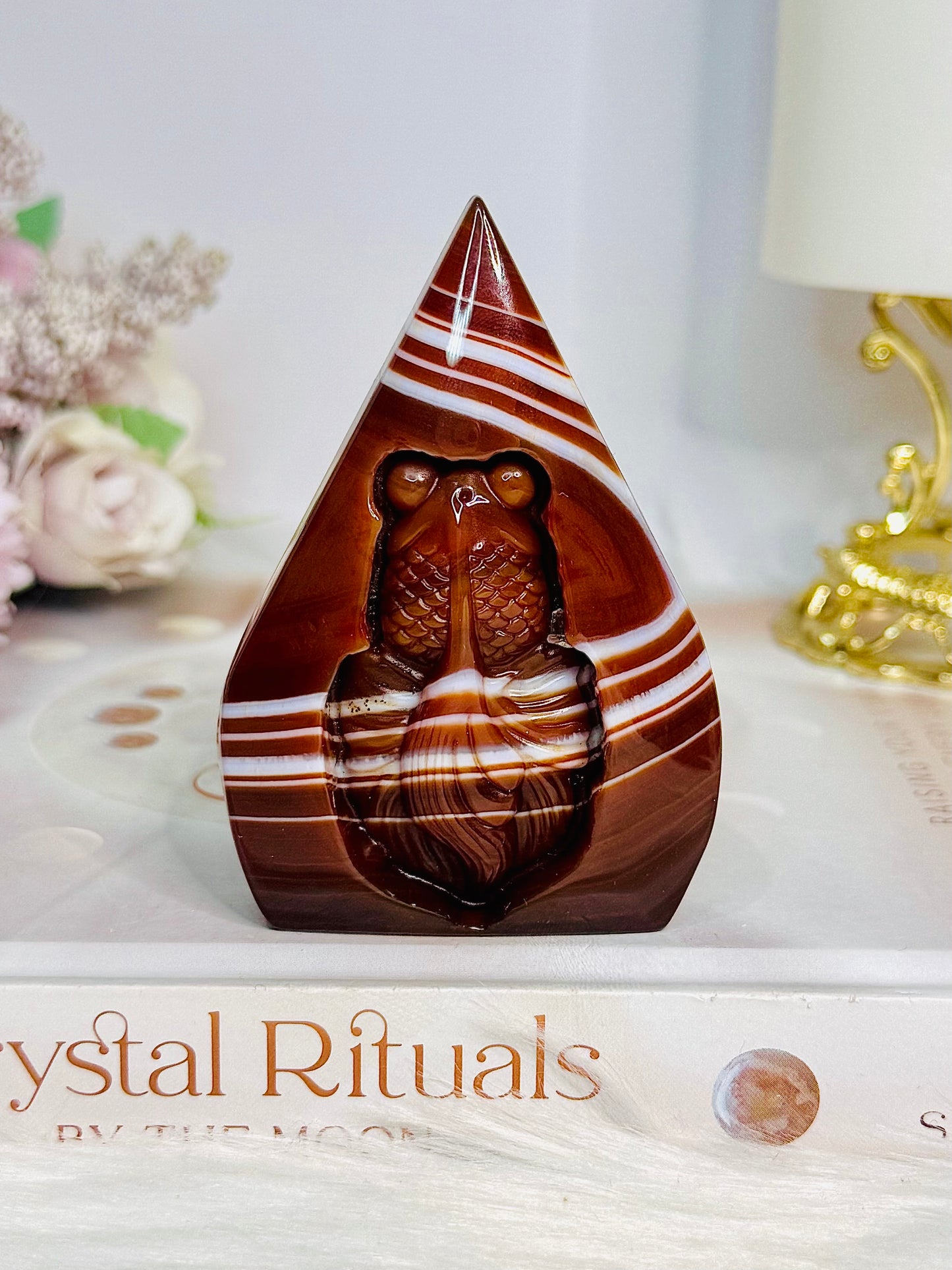 Red Striped Agate Flame With Carved Fish 8cm