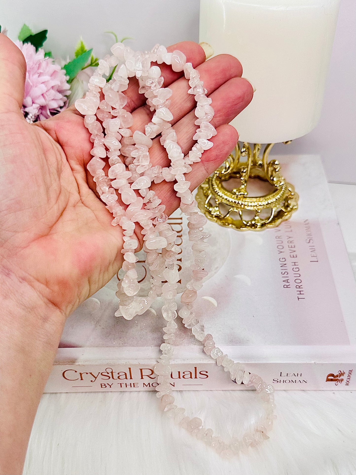 Beautiful Long 45cm Rose Quartz Chip Necklace In Gift Bag