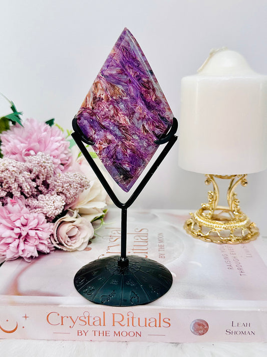 Classy & Fabulous Rare Charoite Carved Diamond On Black Stand 17cm Tall