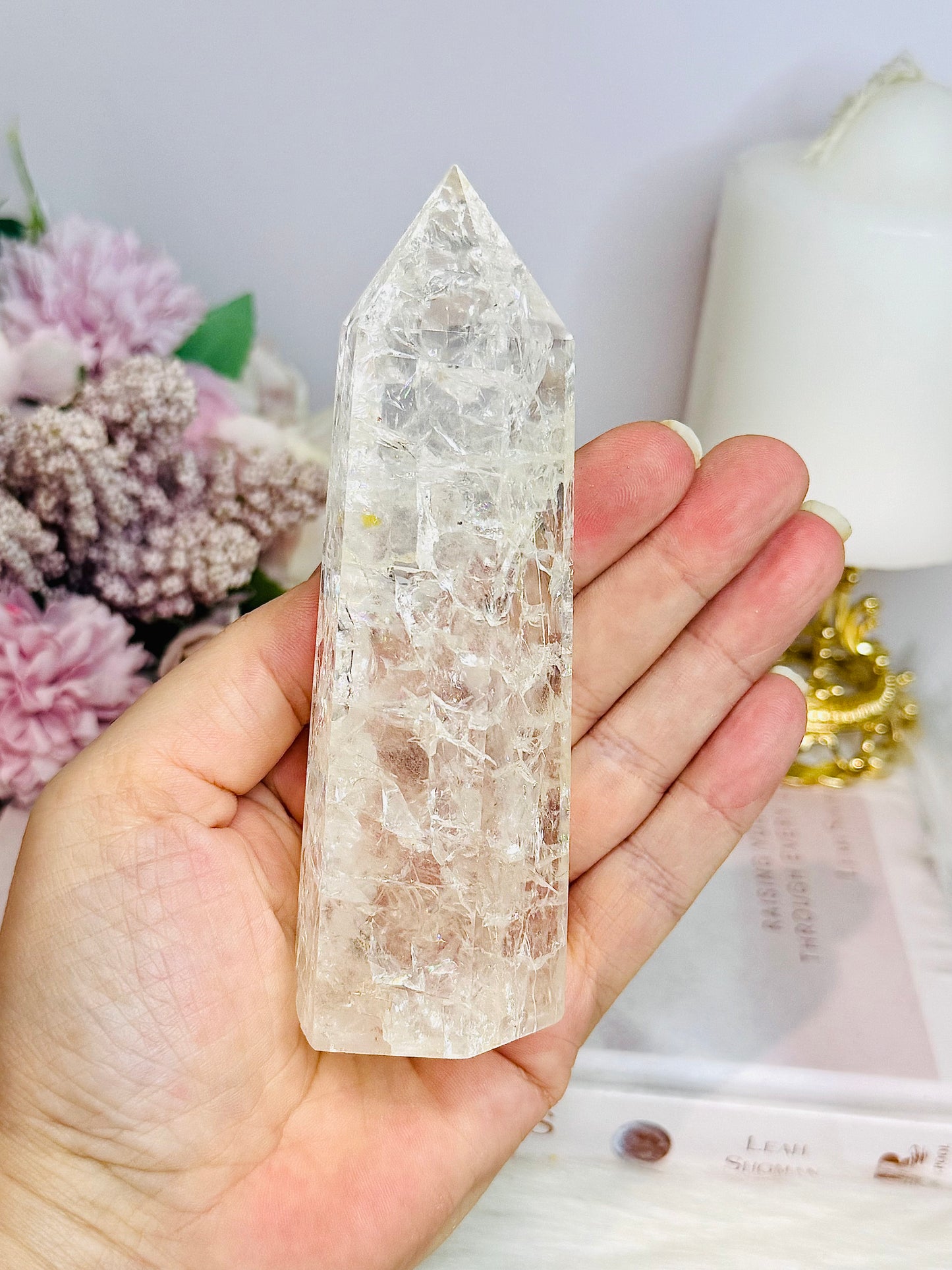Clear Quartz Crackle Tower 12.5cm With Rainbows