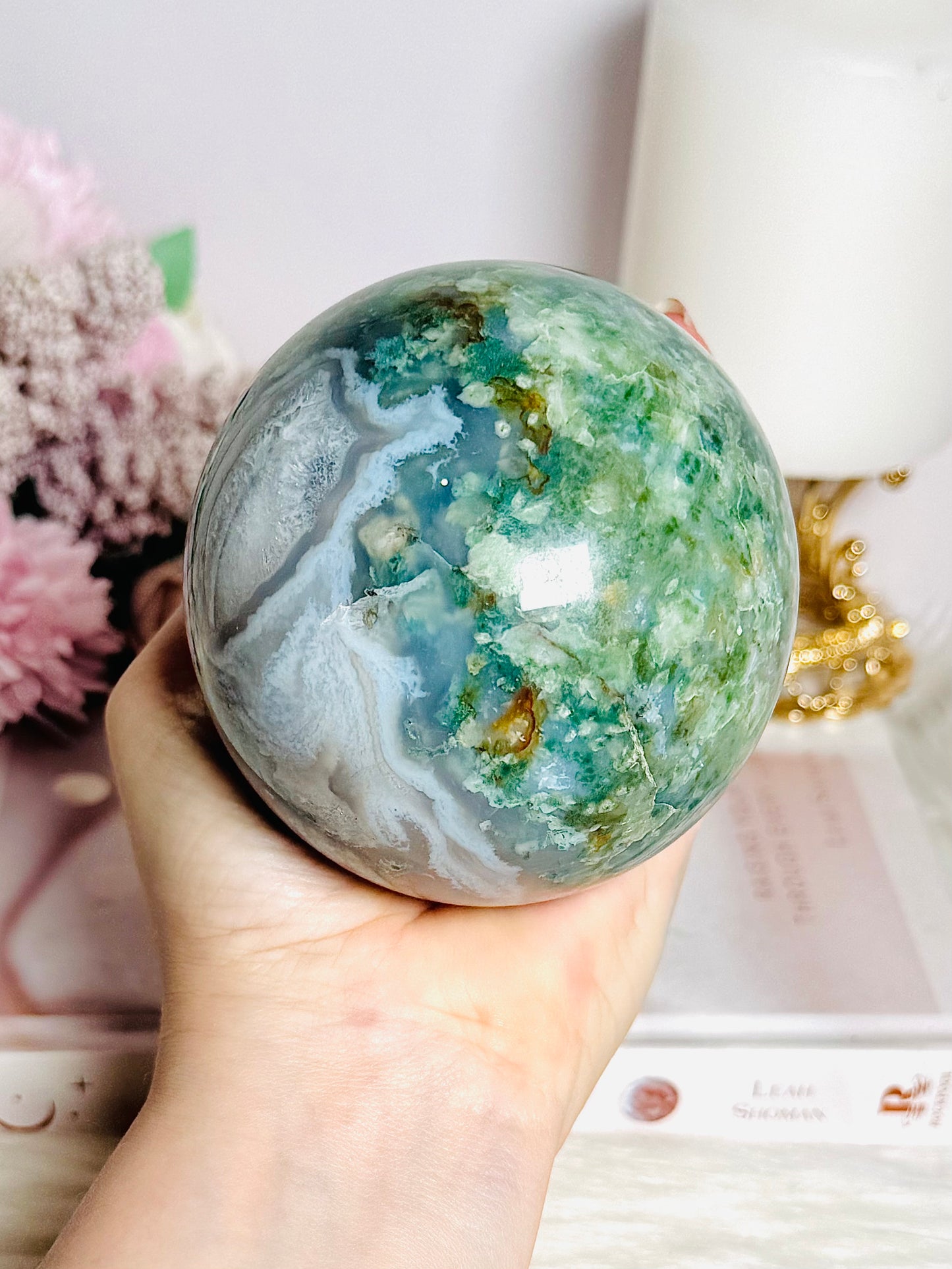 Large Moss Agate Druzy Sphere on Stand 756g