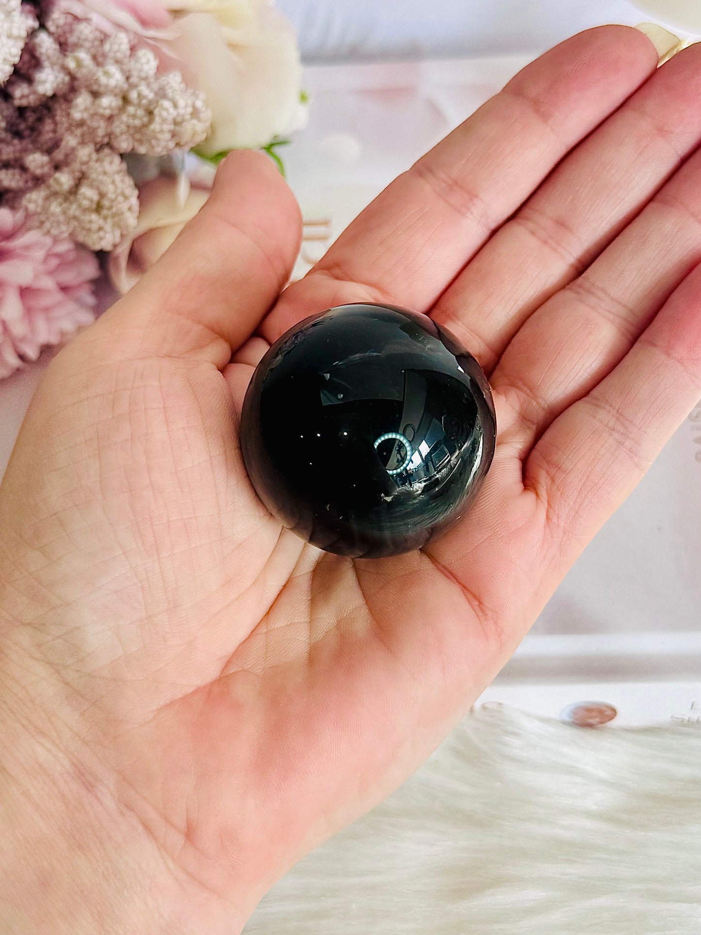 For Protection ~ Black Rainbow Obsidian Sphere on Timber Stand 7cm