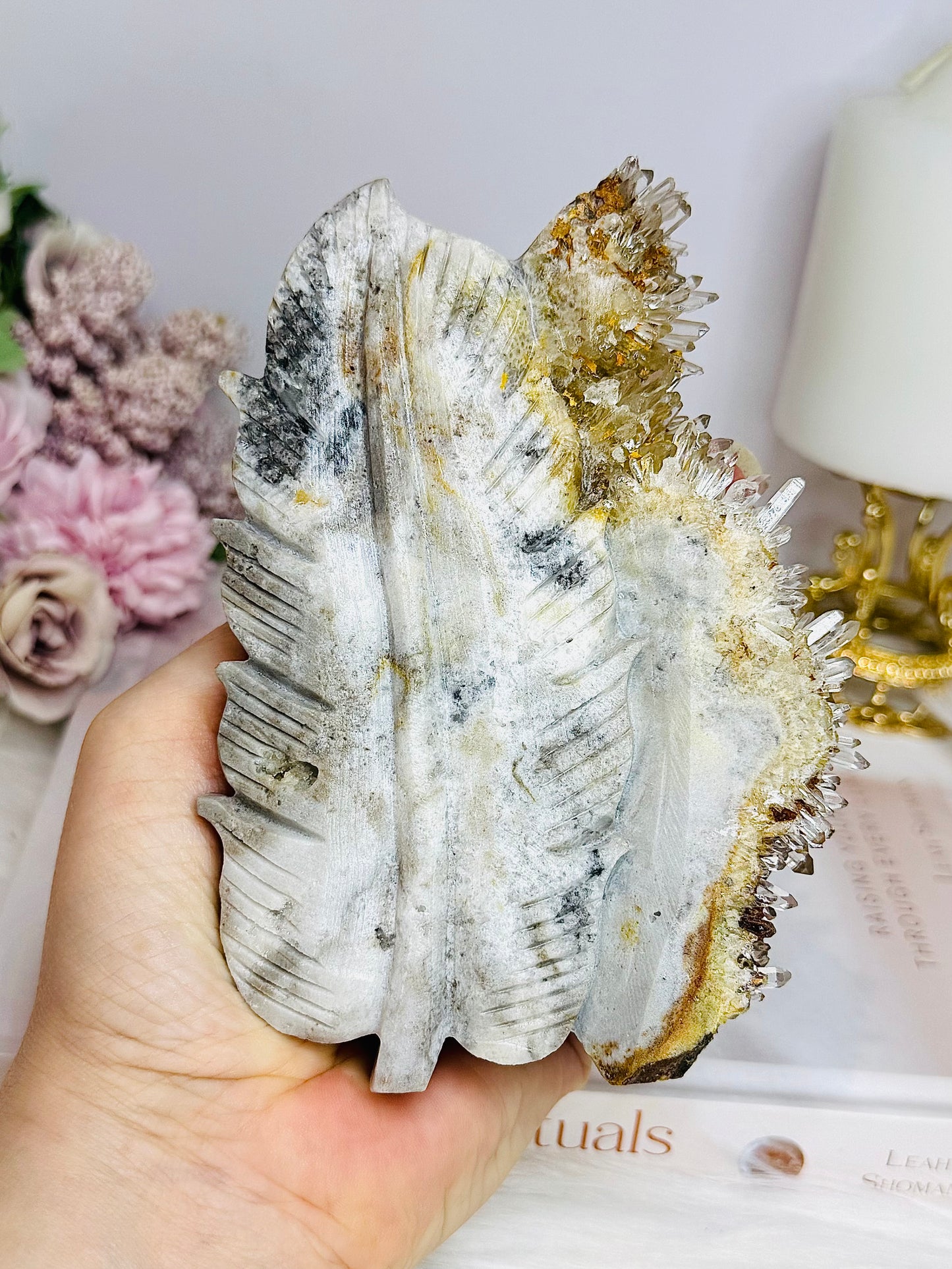 Large Druzy Quartz Carved Leaf on Stand 13cm 334g