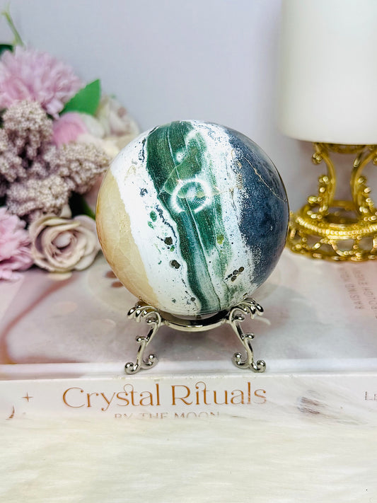 Large Ocean Jasper Sphere on Stand 489g