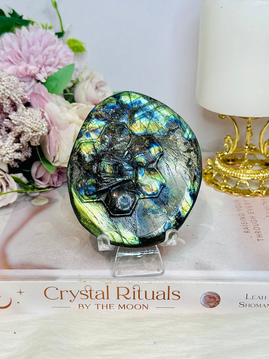 Labradorite Carved Bumble Bee on Honeycomb On Stand 9.5cm