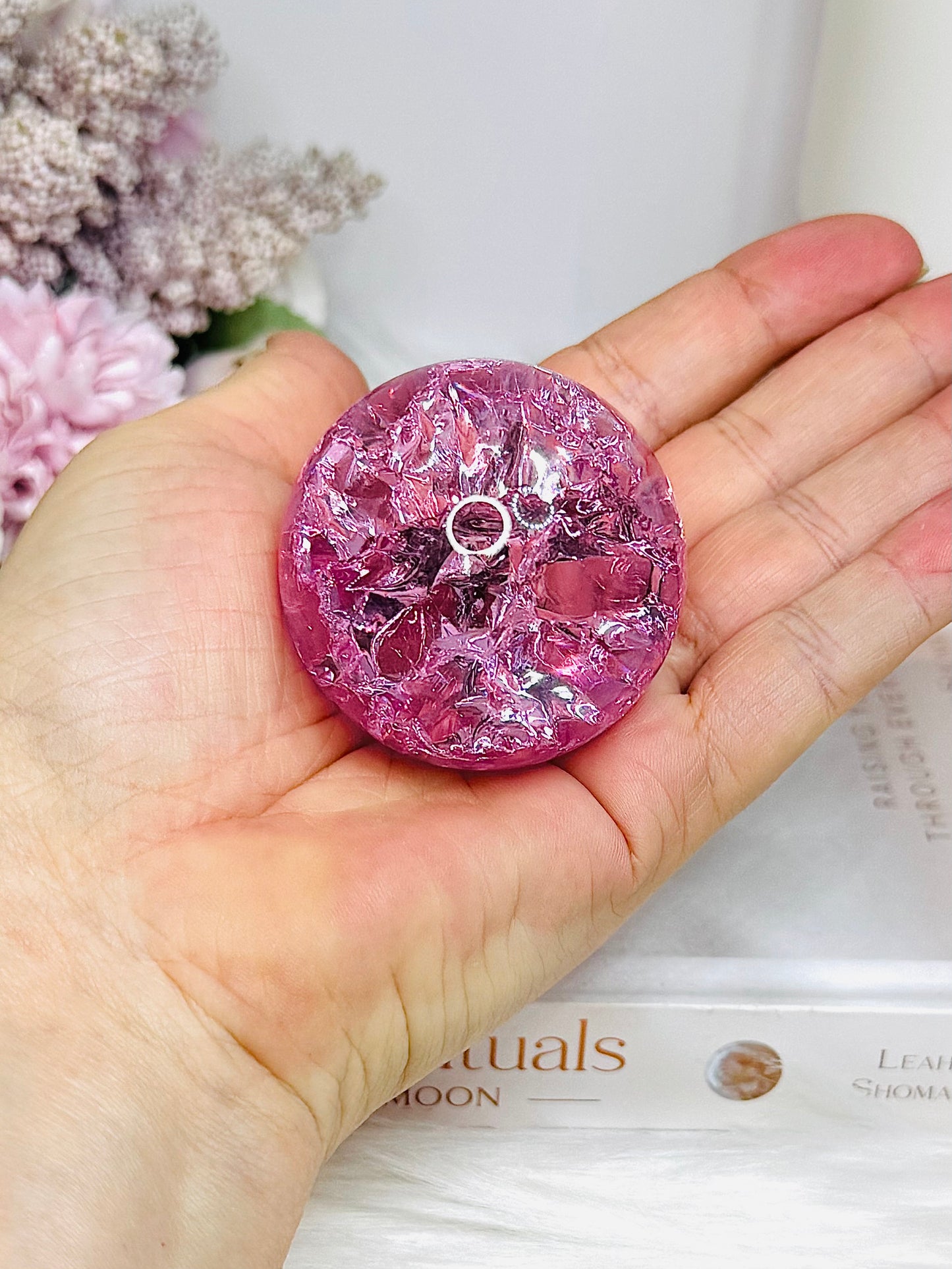 Pink Fire & Ice Crackle Quartz Sphere (dyed) On Stand 157g