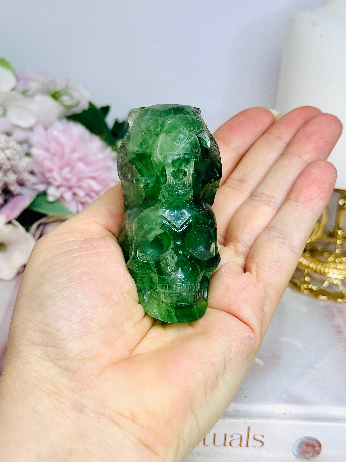 High Grade Green Fluorite Carved Skull with Lion Head 7cm