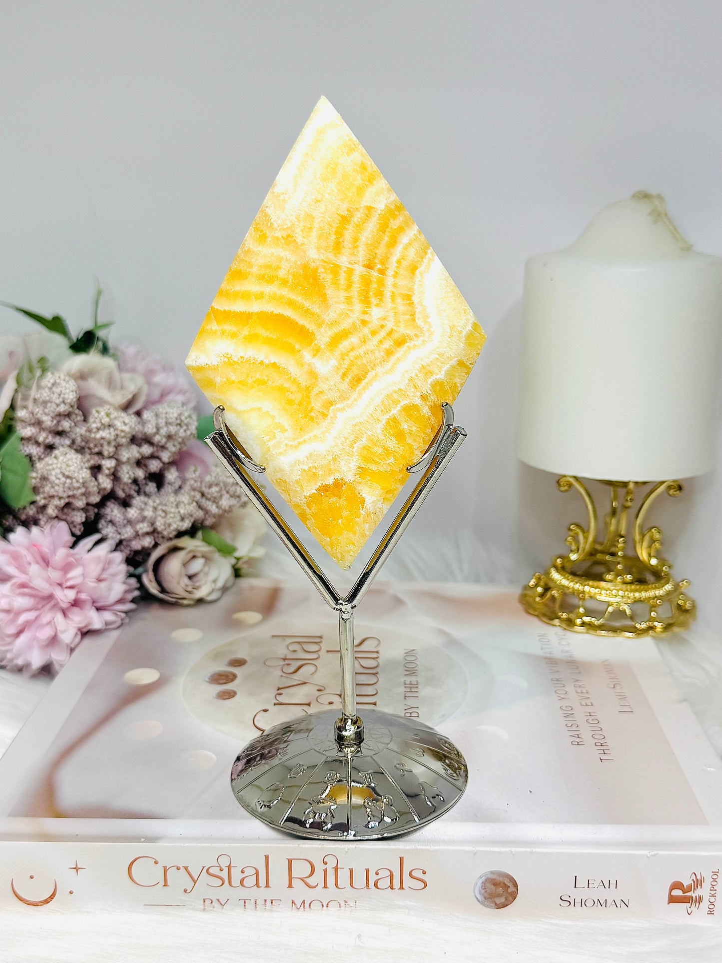 Orange Calcite Diamond Carving On Stand 18cm